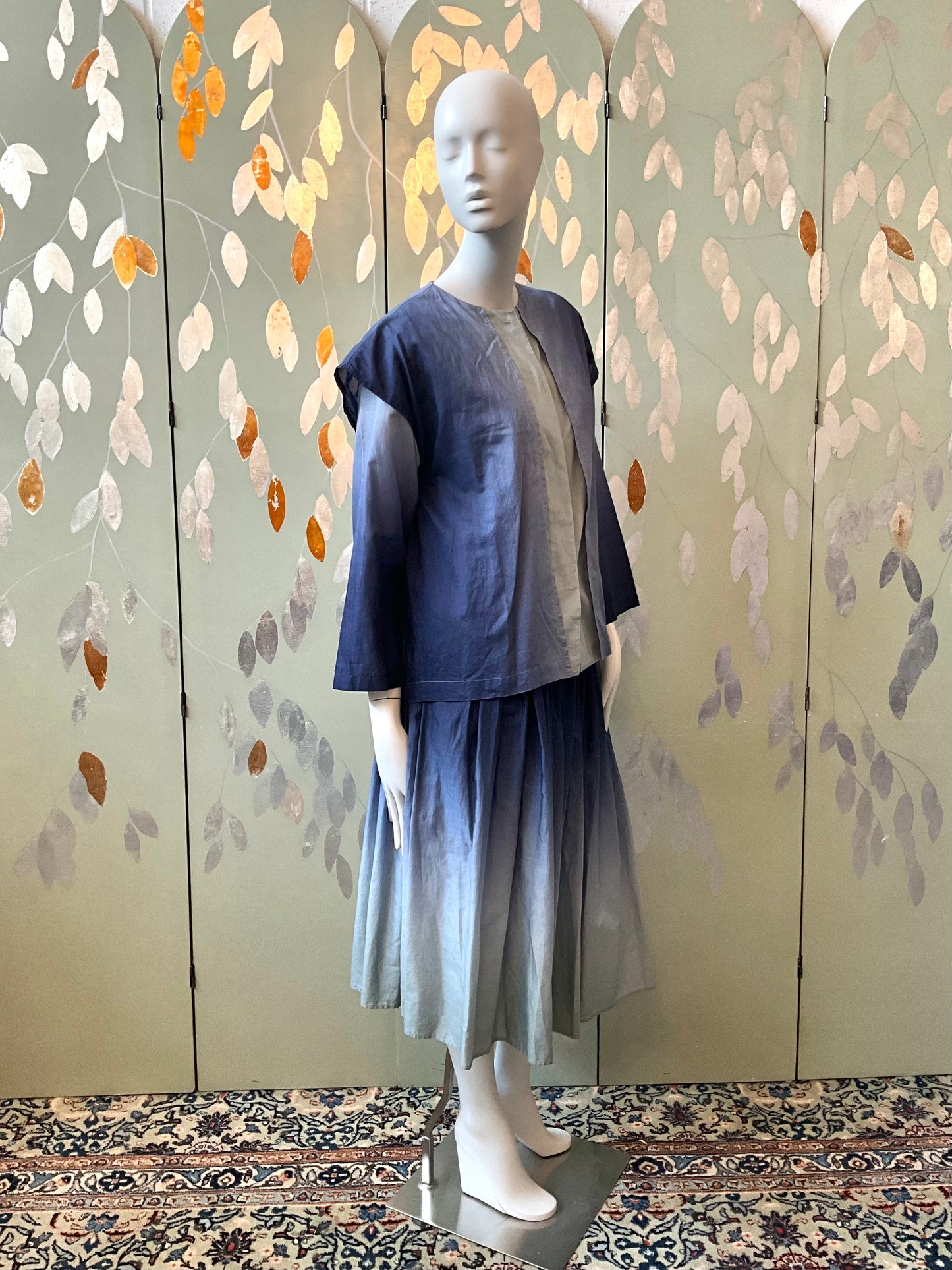 Vintage 1980s Issey Miyake 3 Piece Gradient Blue Cotton Culottes Set, XS