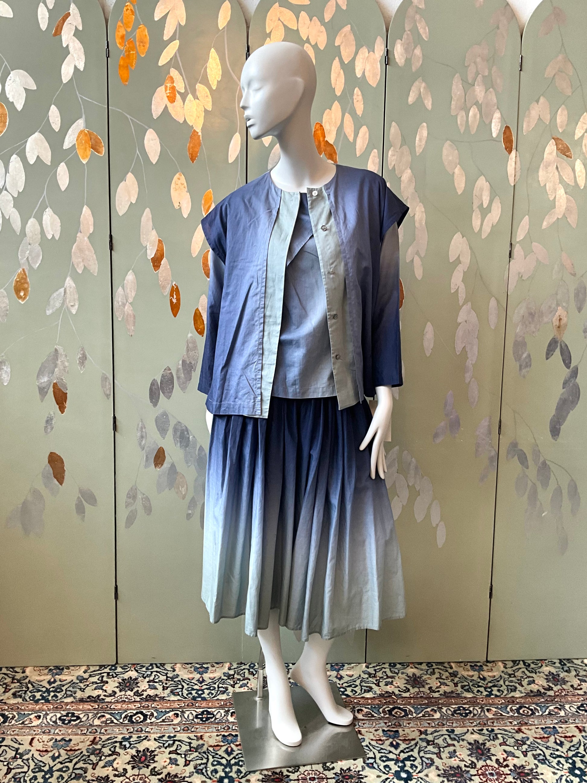 Vintage 1980s Issey Miyake 3 Piece Gradient Blue Cotton Culottes Set, XS