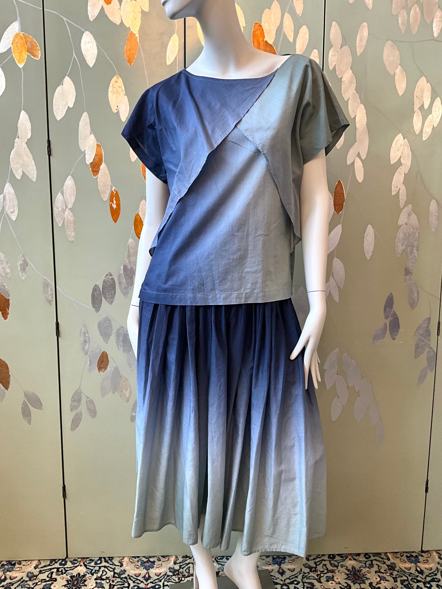 Vintage 1980s Issey Miyake 3 Piece Gradient Blue Cotton Culottes Set, XS