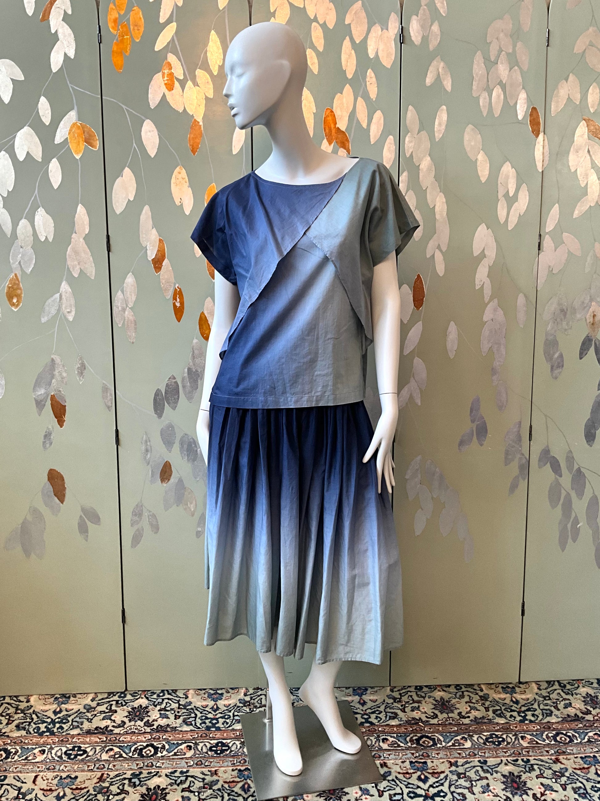 Vintage 1980s Issey Miyake 3 Piece Gradient Blue Cotton Culottes Set, XS