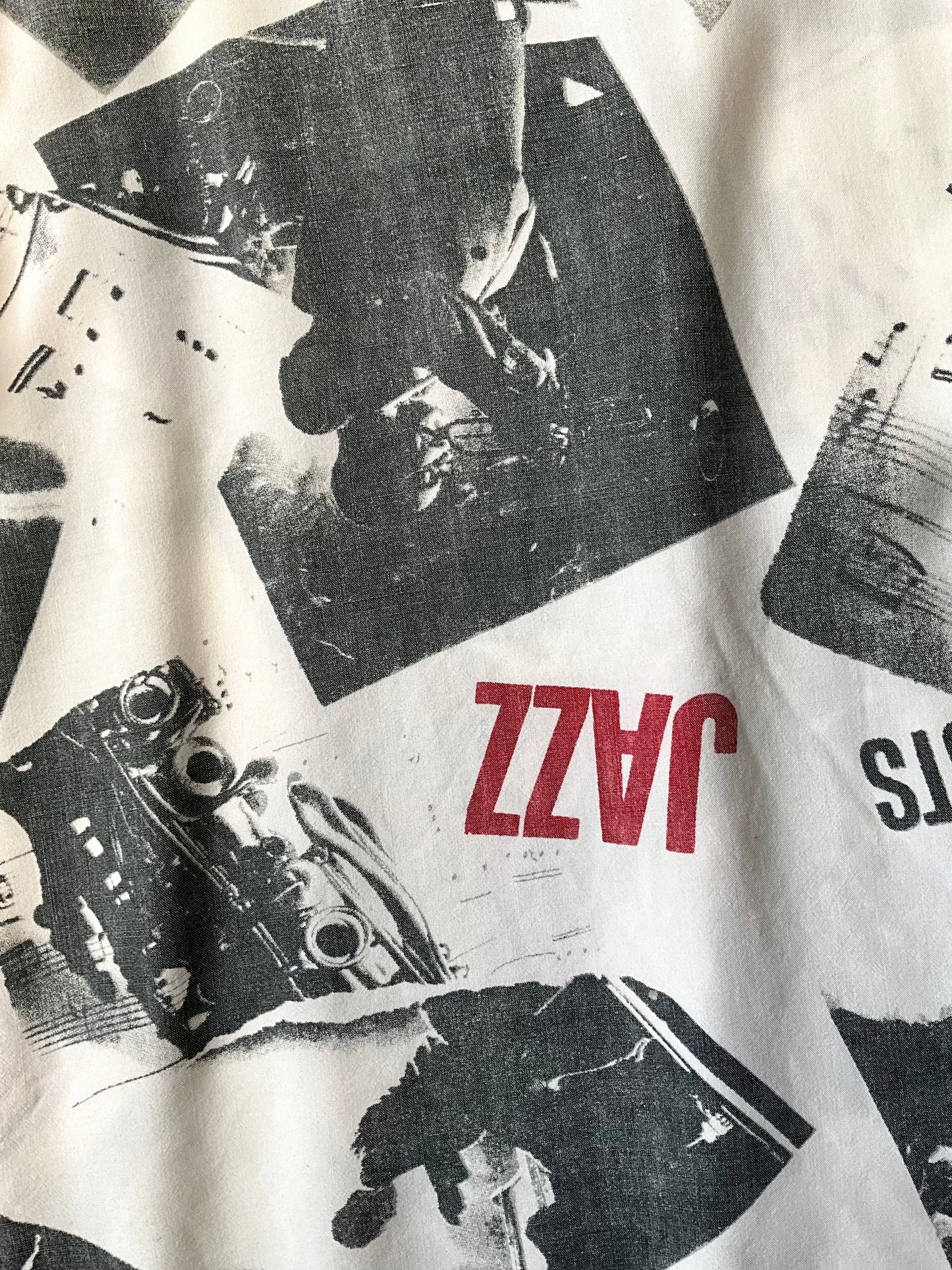 Vintage 1990s White Gerry Mulligan Jazz Graphic Print Button-Up Short Sleeve Shirt, Large 