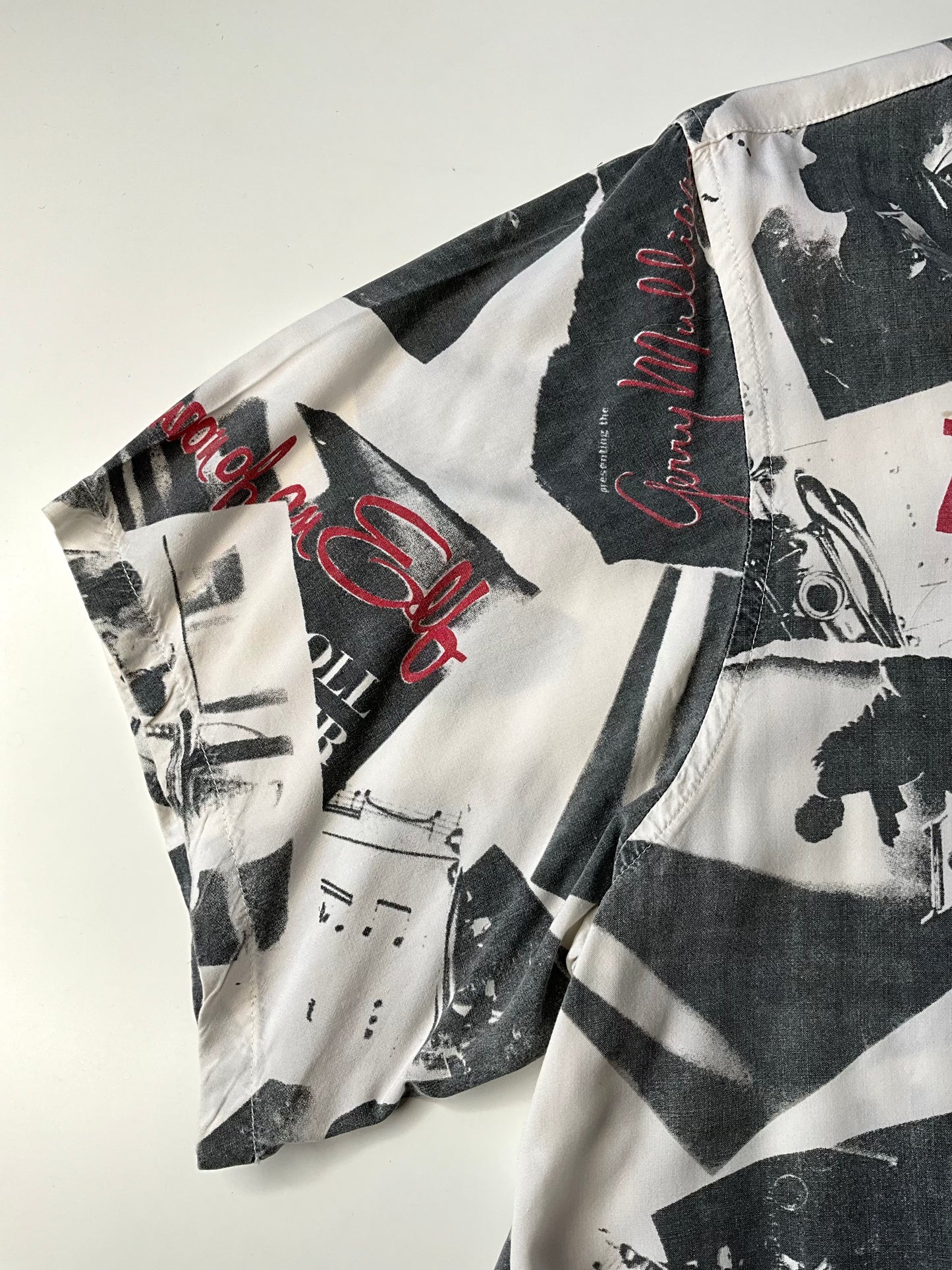 Vintage 1990s White Gerry Mulligan Jazz Graphic Print Button-Up Short Sleeve Shirt, Large 