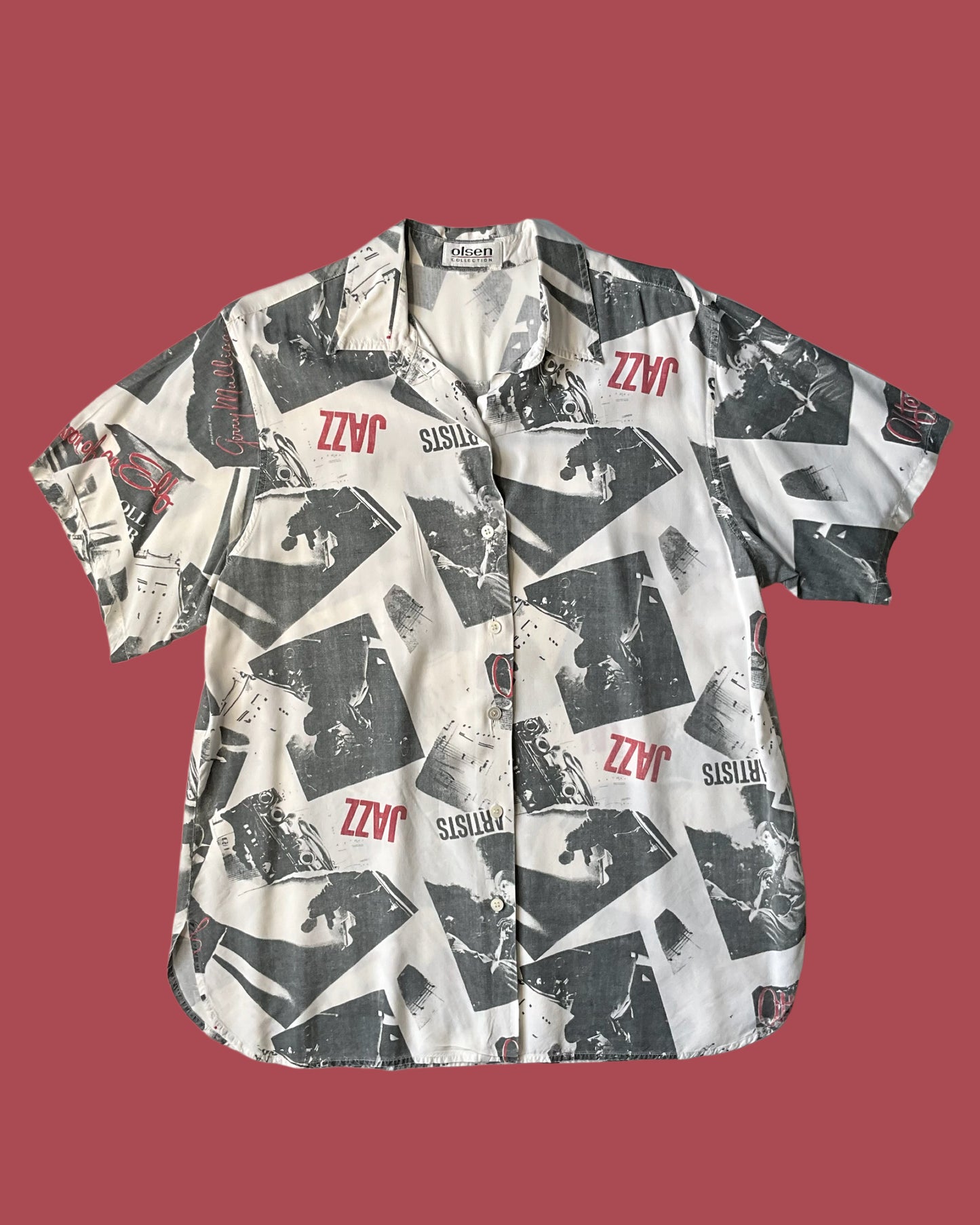 Vintage 1990s White Gerry Mulligan Jazz Graphic Print Button-Up Short Sleeve Shirt, Large 