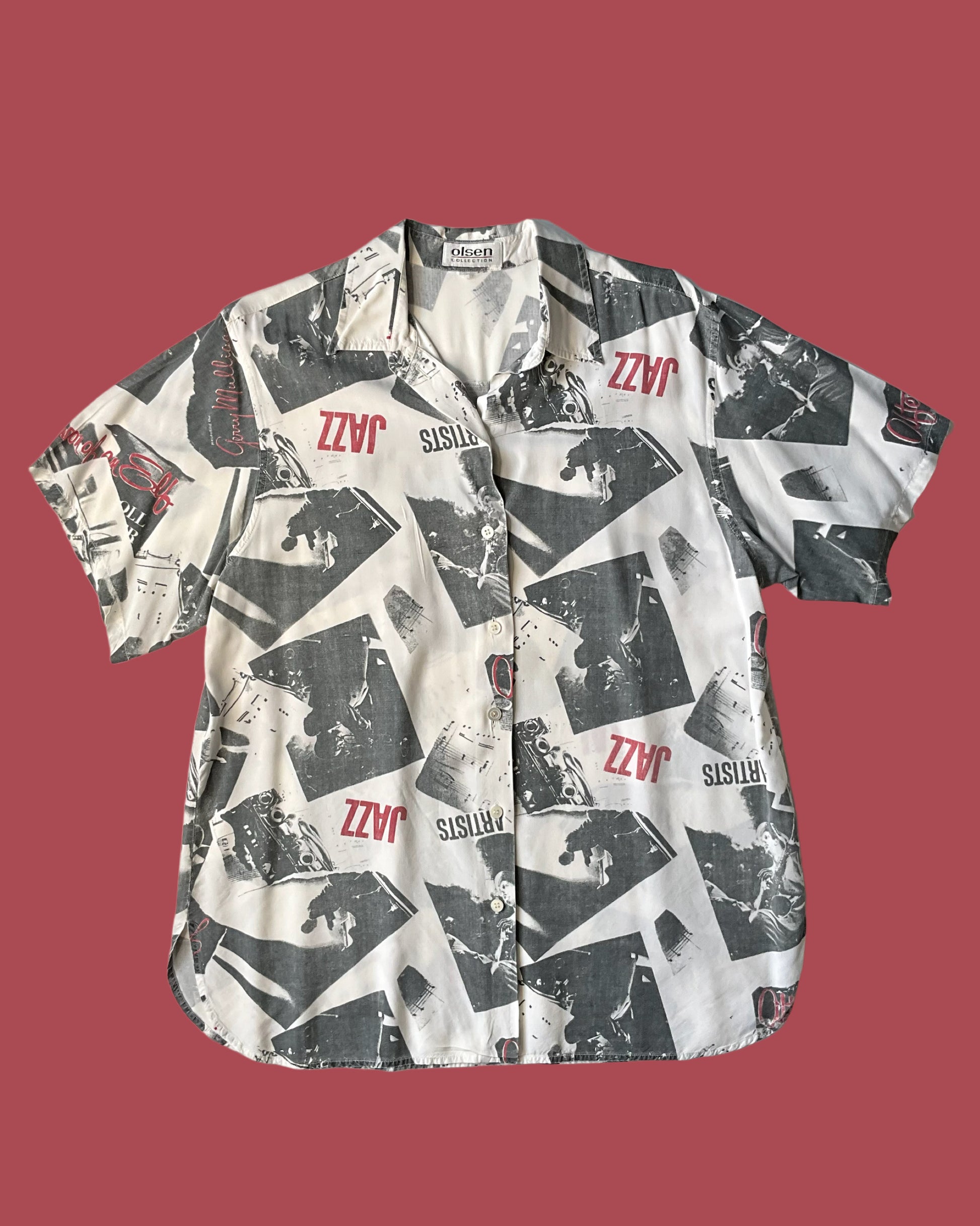 Vintage 1990s White Gerry Mulligan Jazz Graphic Print Button-Up Short Sleeve Shirt, Large 