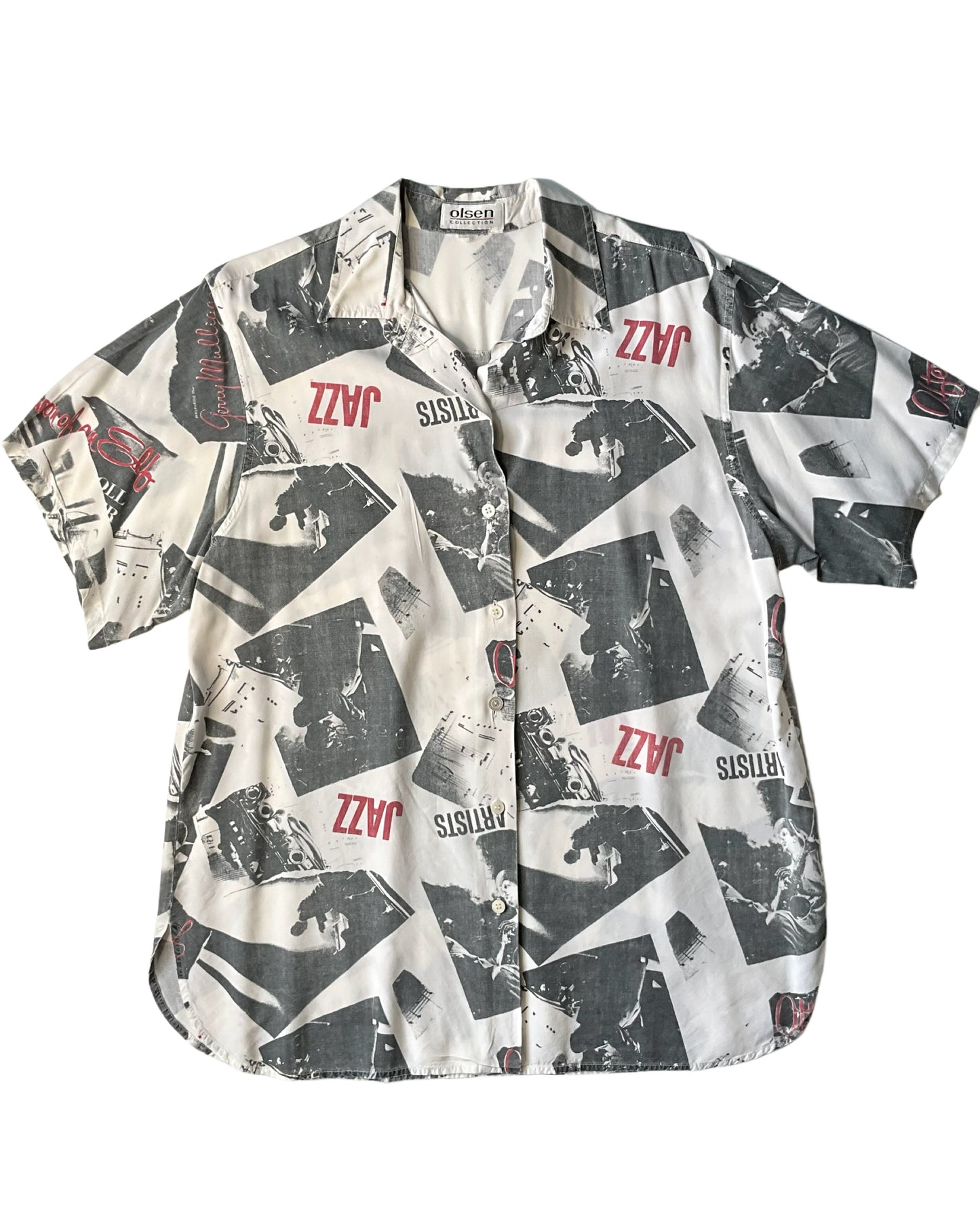 Vintage 1990s White Gerry Mulligan Jazz Graphic Print Button-Up Short Sleeve Shirt, Large 