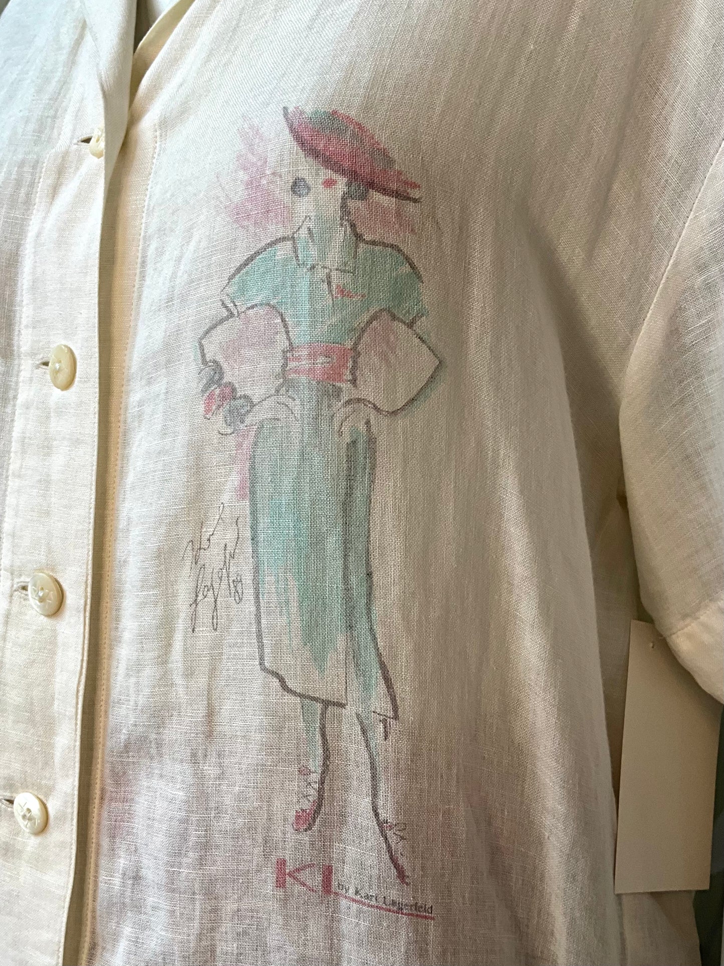 Vintage 1990s Karl Lagerfeld White Cotton Fashion Lady Illustration Blouse, XL