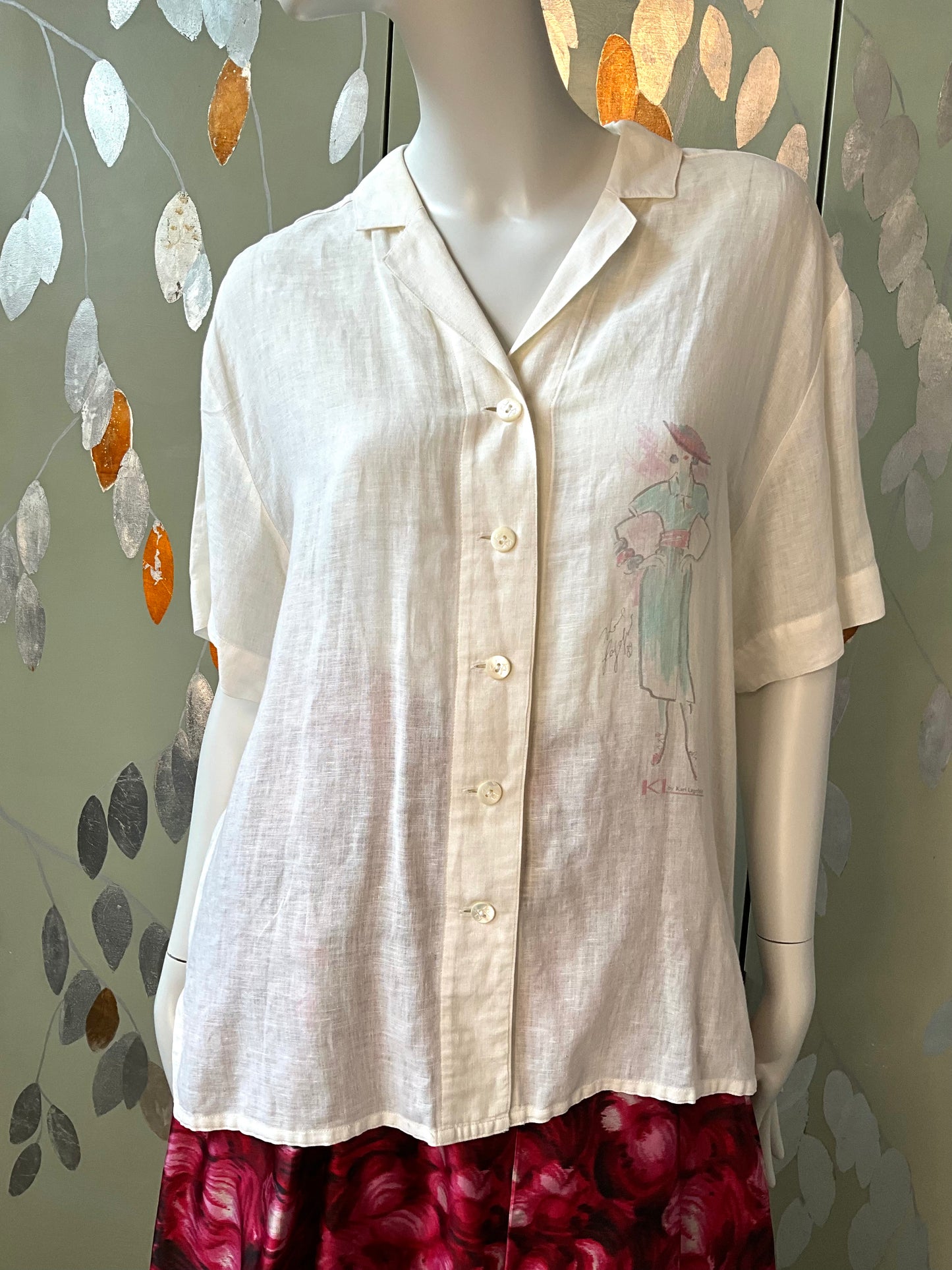 Vintage 1990s Karl Lagerfeld White Cotton Fashion Lady Illustration Blouse, XL