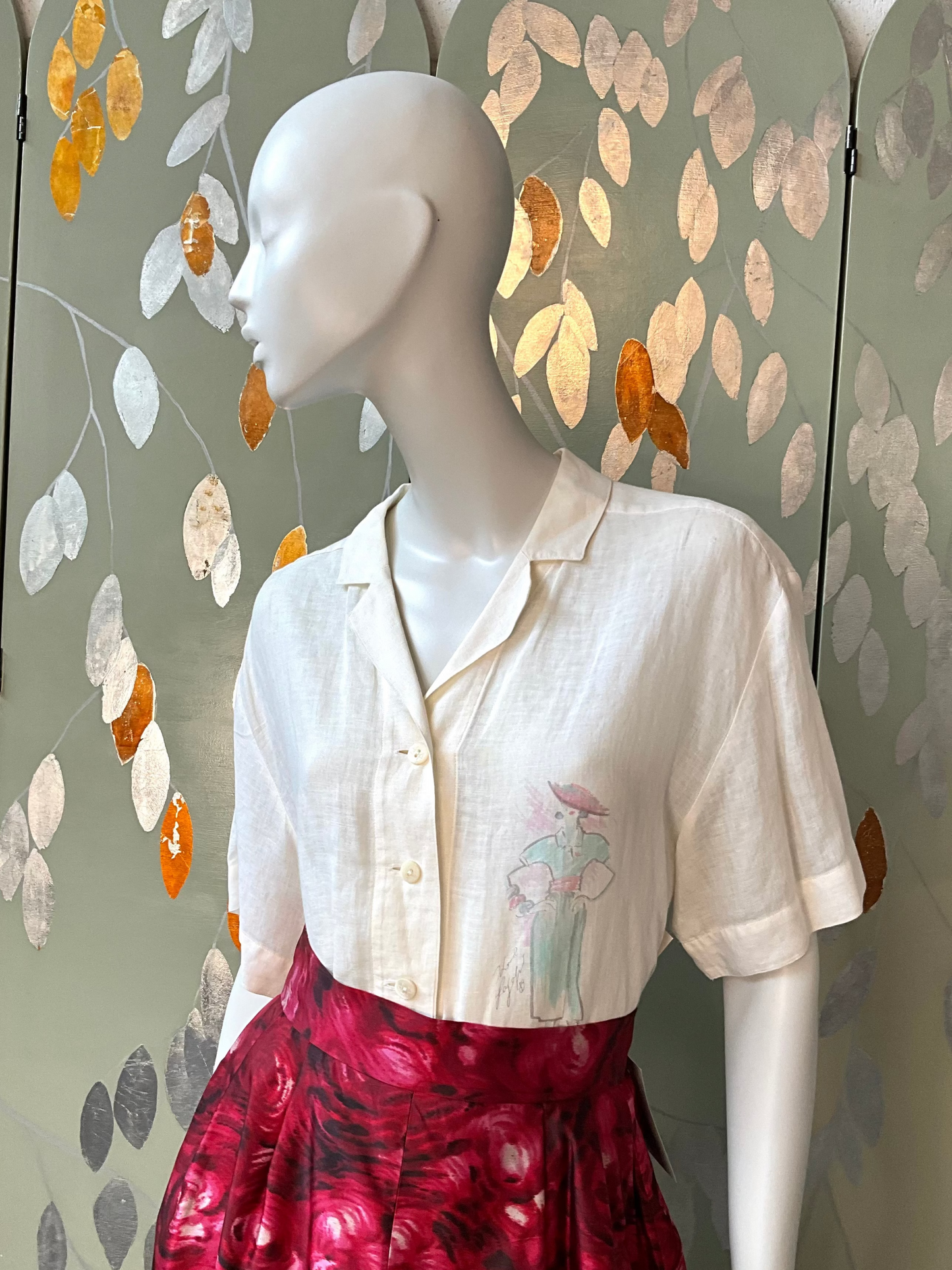 Vintage 1990s Karl Lagerfeld White Cotton Fashion Lady Illustration Blouse, XL