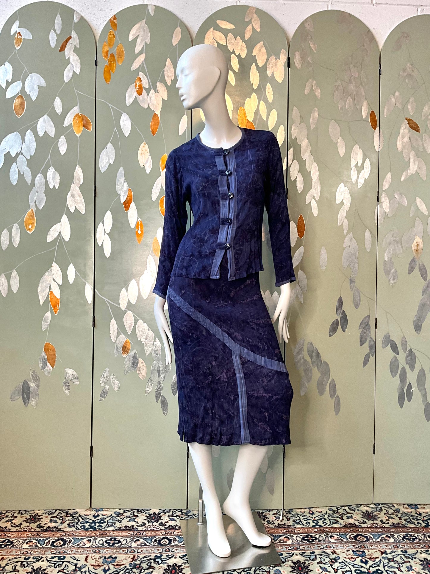 Vintage 1990s Koochee Purple Blue Tie Dye Crinkle Skirt Set, Medium 