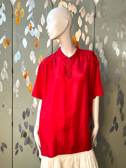Vintage 1980s Krizia Red Silk Short Sleeve Oversized Blouse