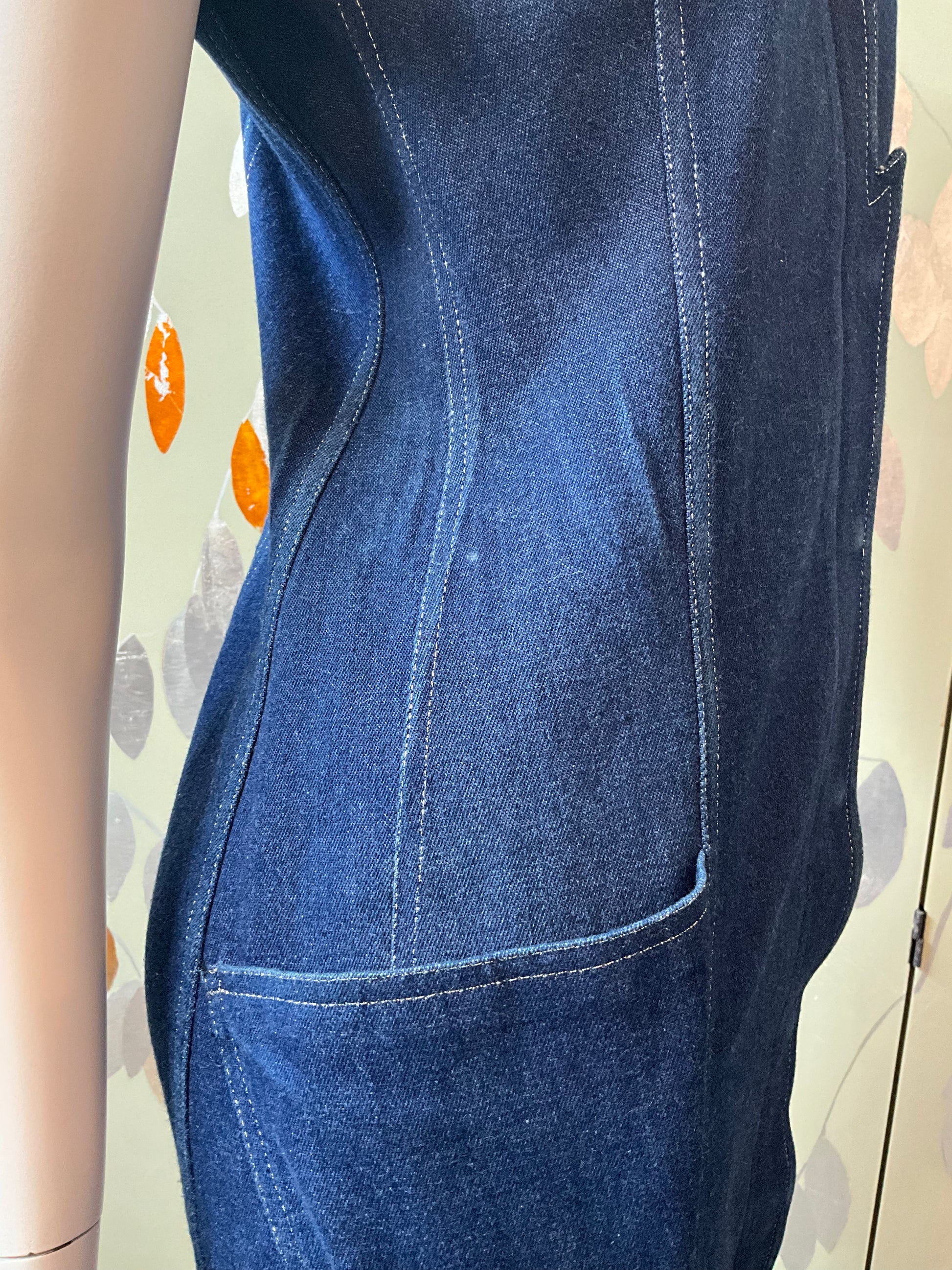 Vintage 1980s Krizia Dark Wash Denim Jean Lightning Dress, Small 