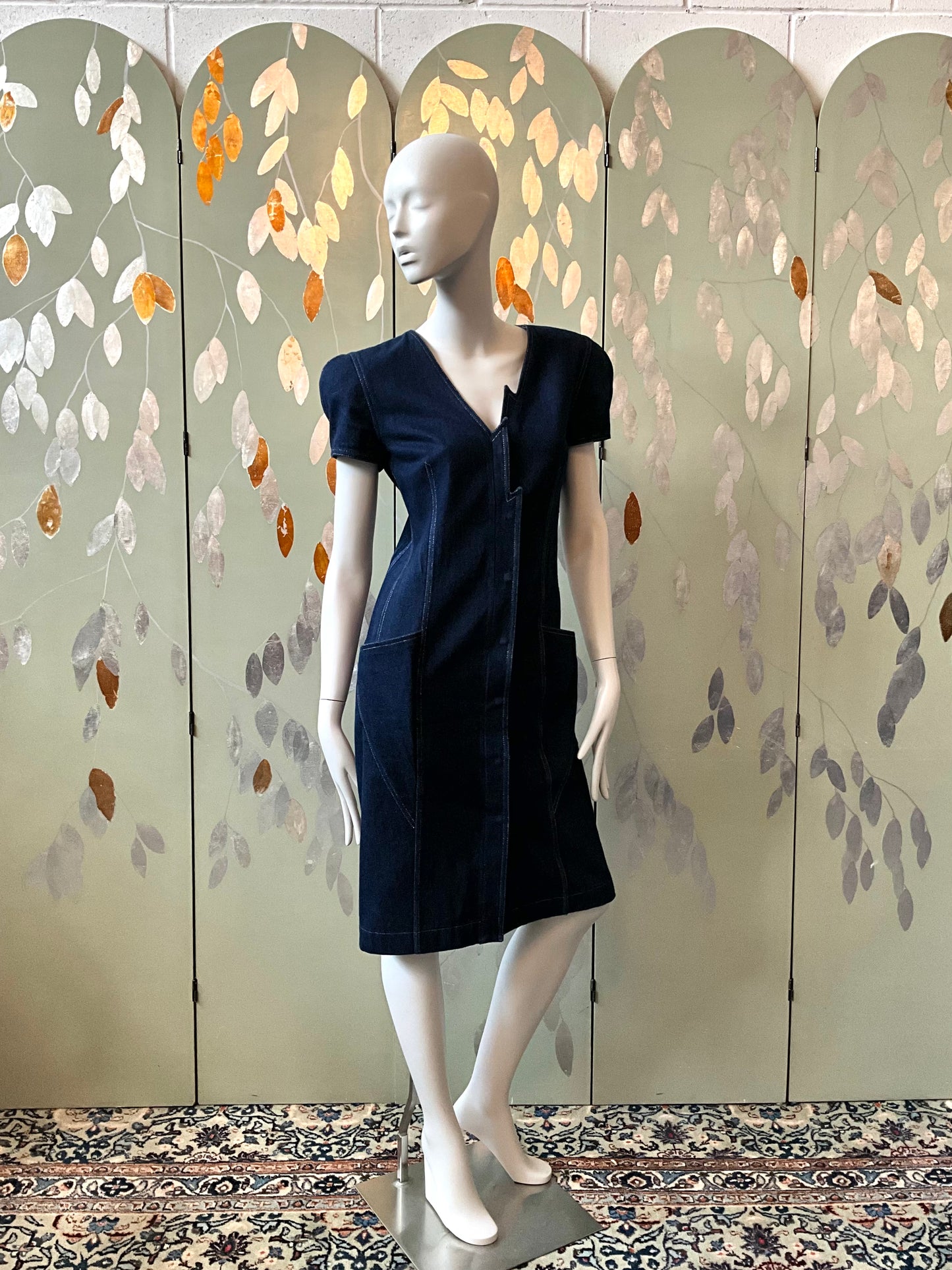 Vintage 1980s Krizia Dark Wash Denim Jean Lightning Dress, Small 