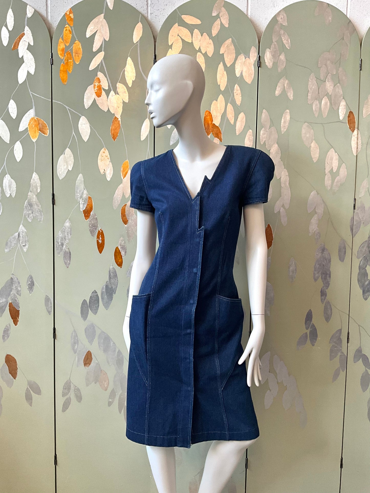 Vintage 1980s Krizia Dark Wash Denim Jean Lightning Dress, Small 