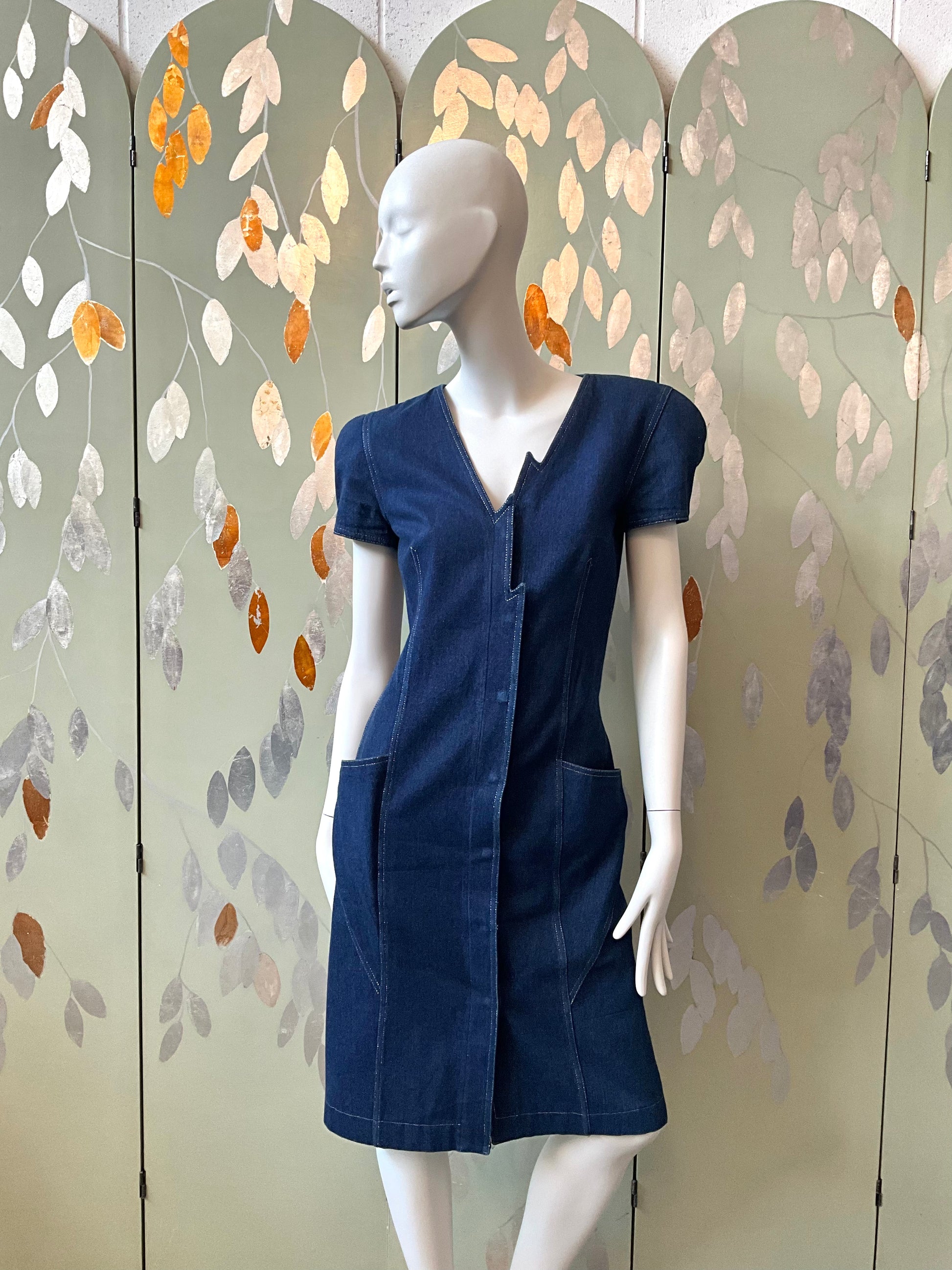 Vintage 1980s Krizia Dark Wash Denim Jean Lightning Dress, Small 