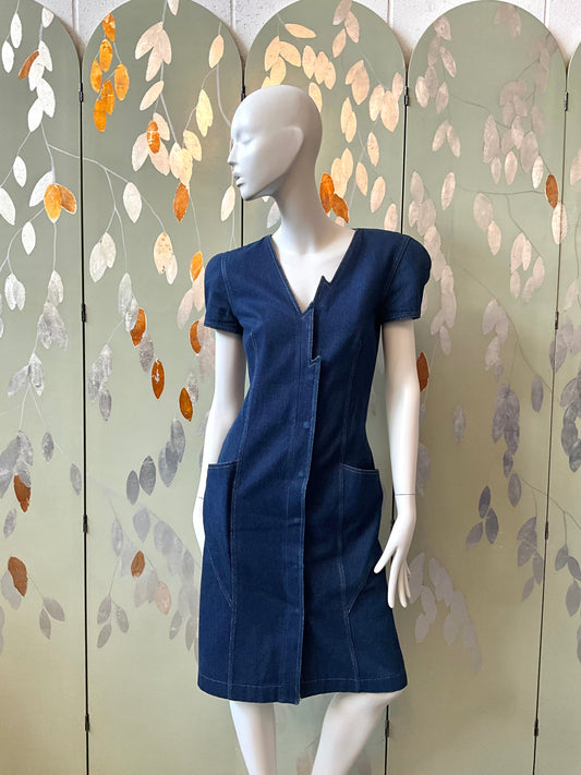 Vintage 1980s Krizia Dark Wash Denim Jean Lightning Dress, Small 
