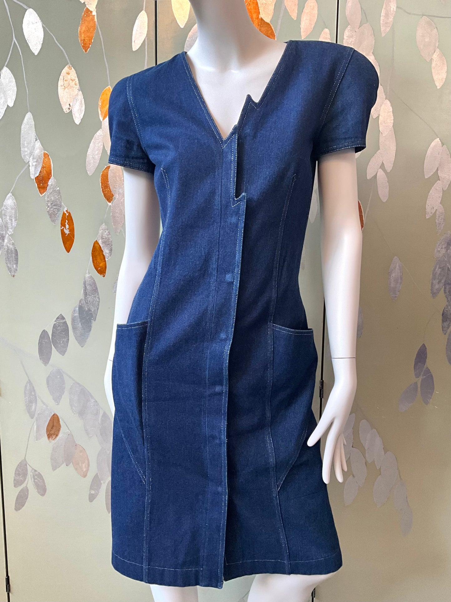 Vintage 1980s Krizia Dark Wash Denim Jean Lightning Dress, Small 