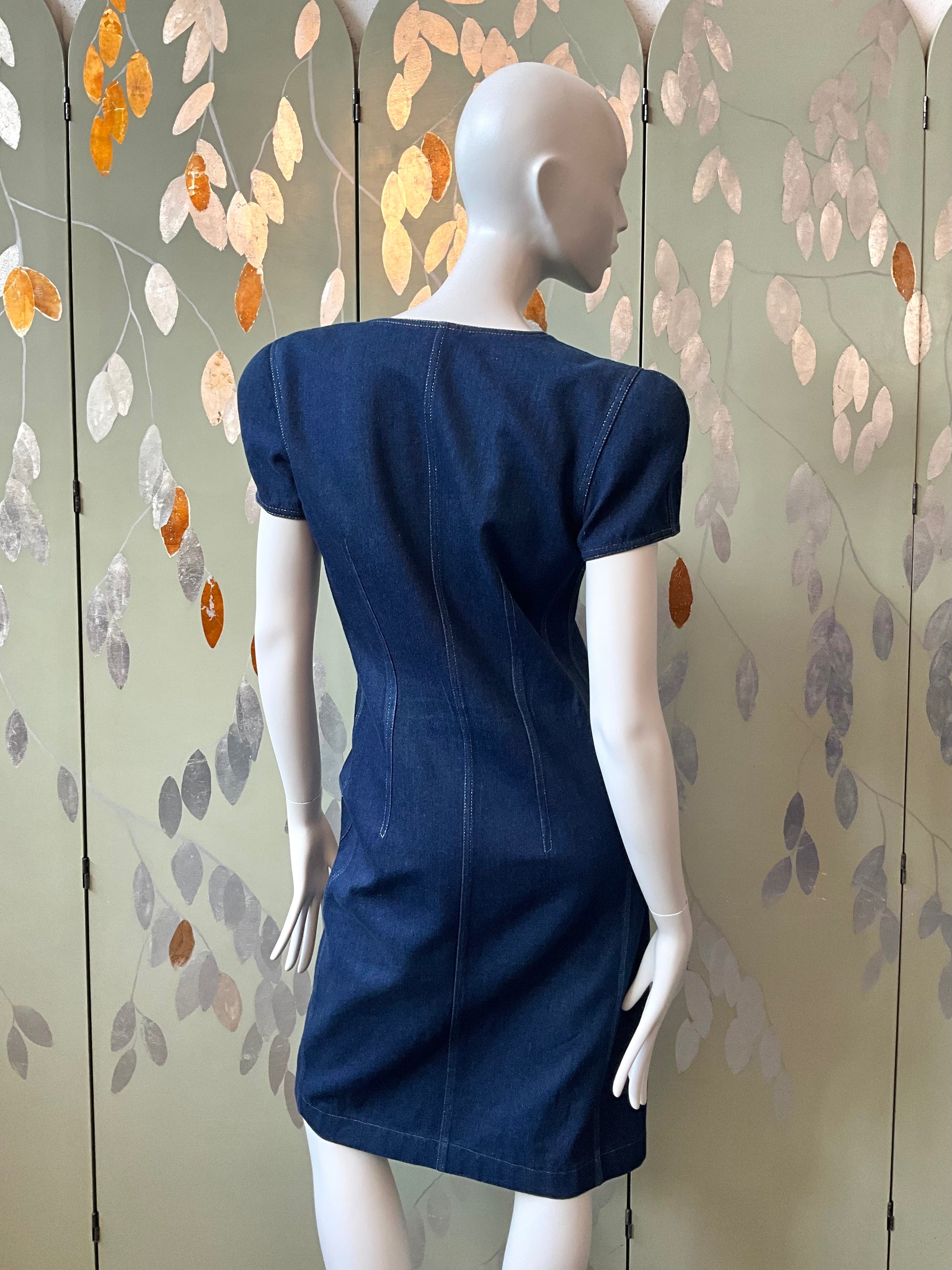 Vintage 1980s Krizia Dark Wash Denim Jean Lightning Dress, Small 
