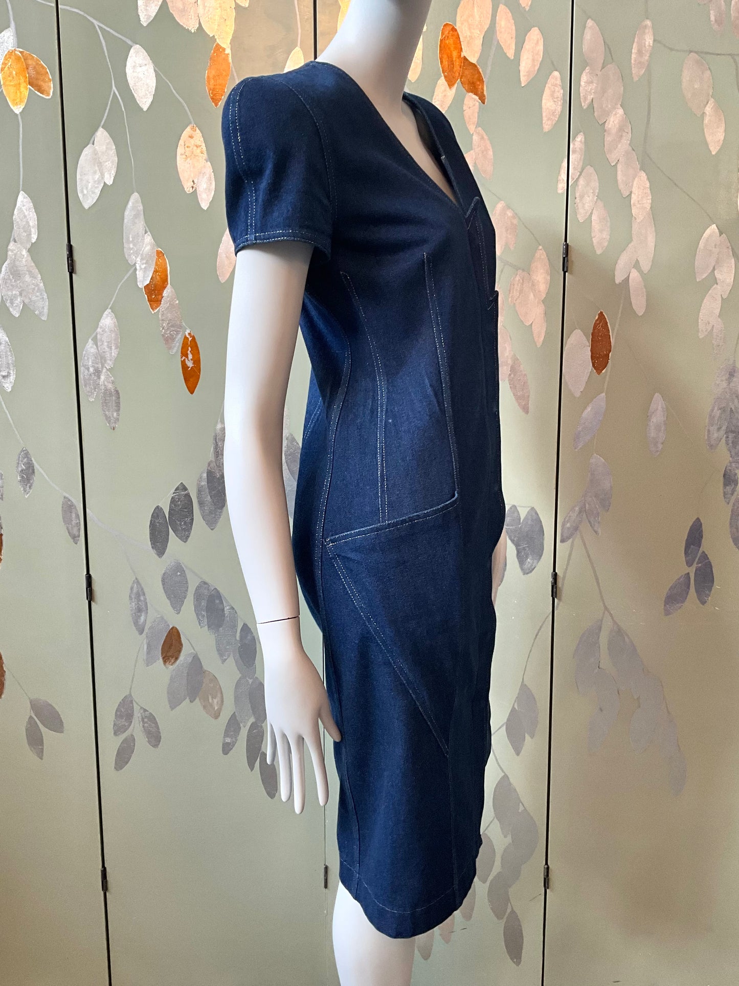 Vintage 1980s Krizia Dark Wash Denim Jean Lightning Dress, Small 