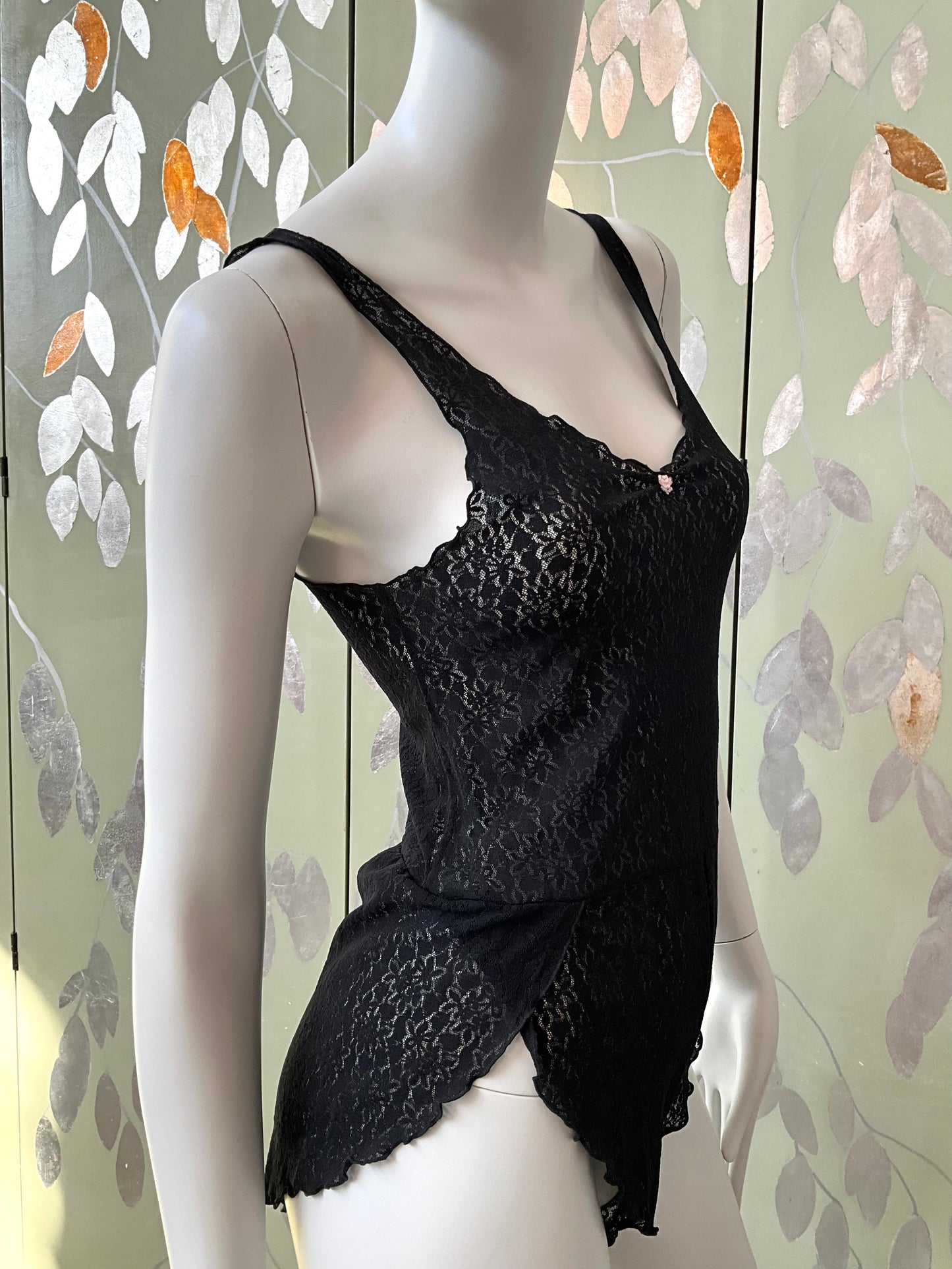 Vintage 1990s Black Lace Sheer Teddy Bodysuit with Rosette, Small 