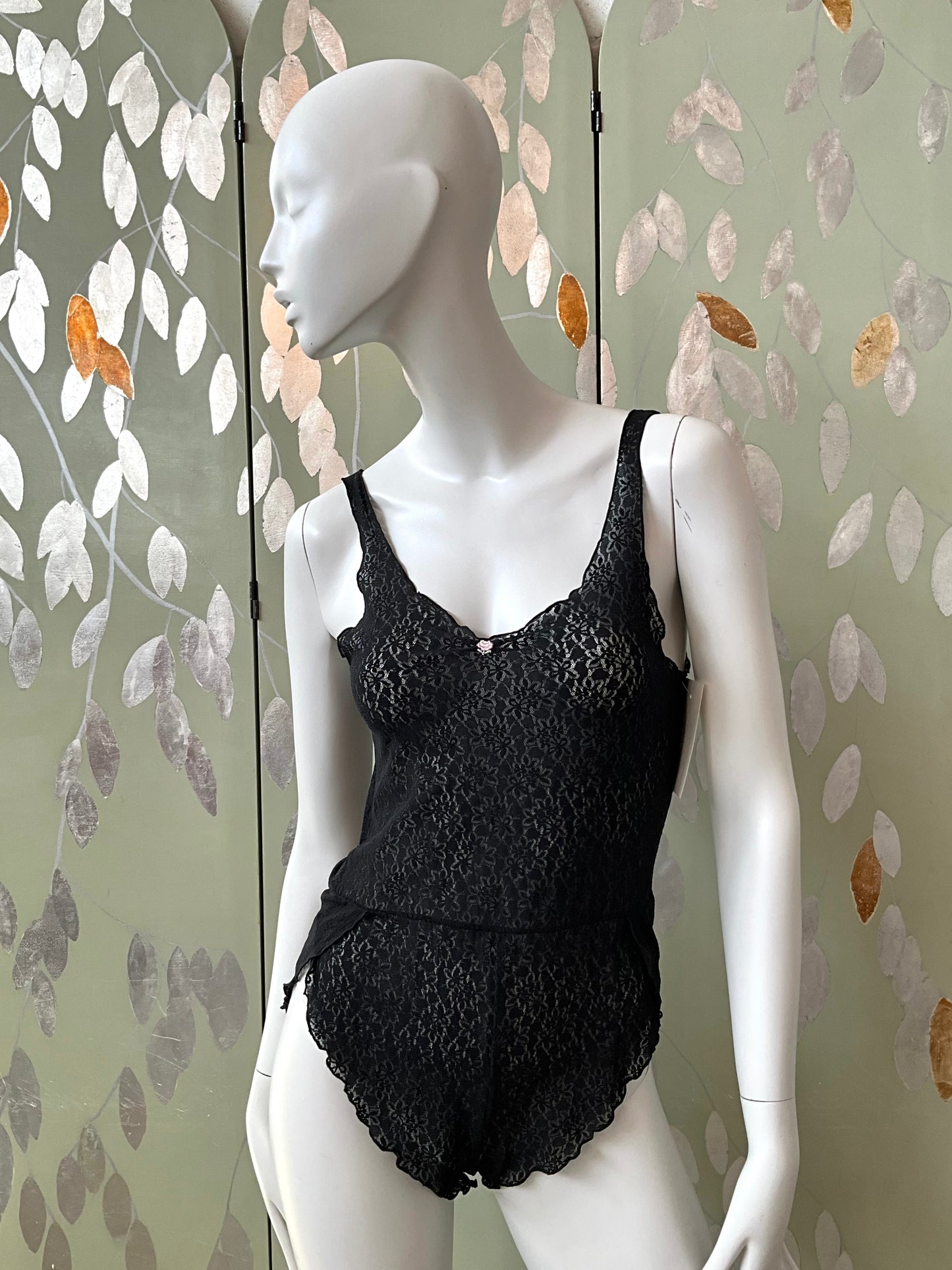 Vintage 1990s Black Lace Sheer Teddy Bodysuit with Rosette, Small 