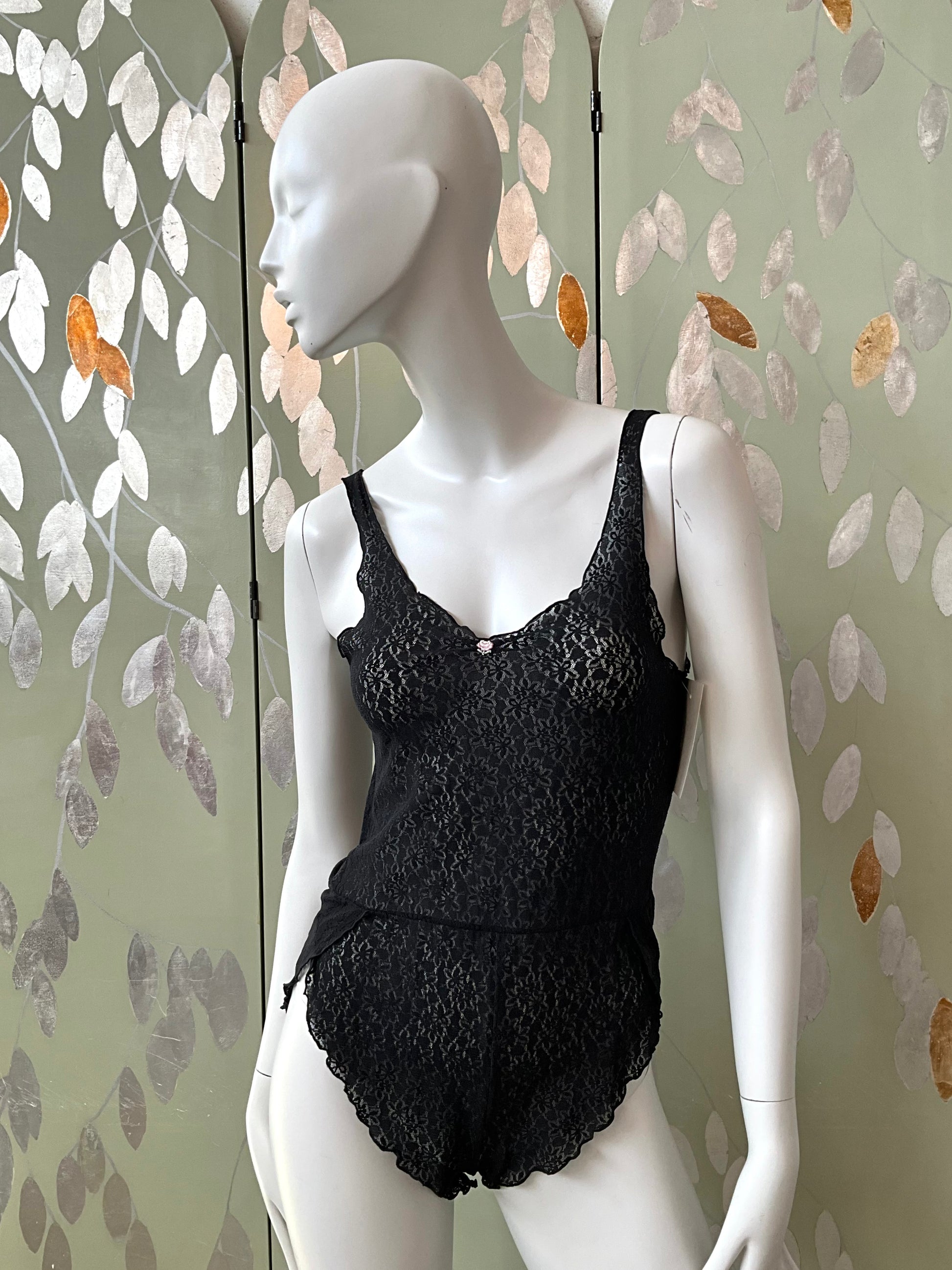 Vintage 1990s Black Lace Sheer Teddy Bodysuit with Rosette, Small 