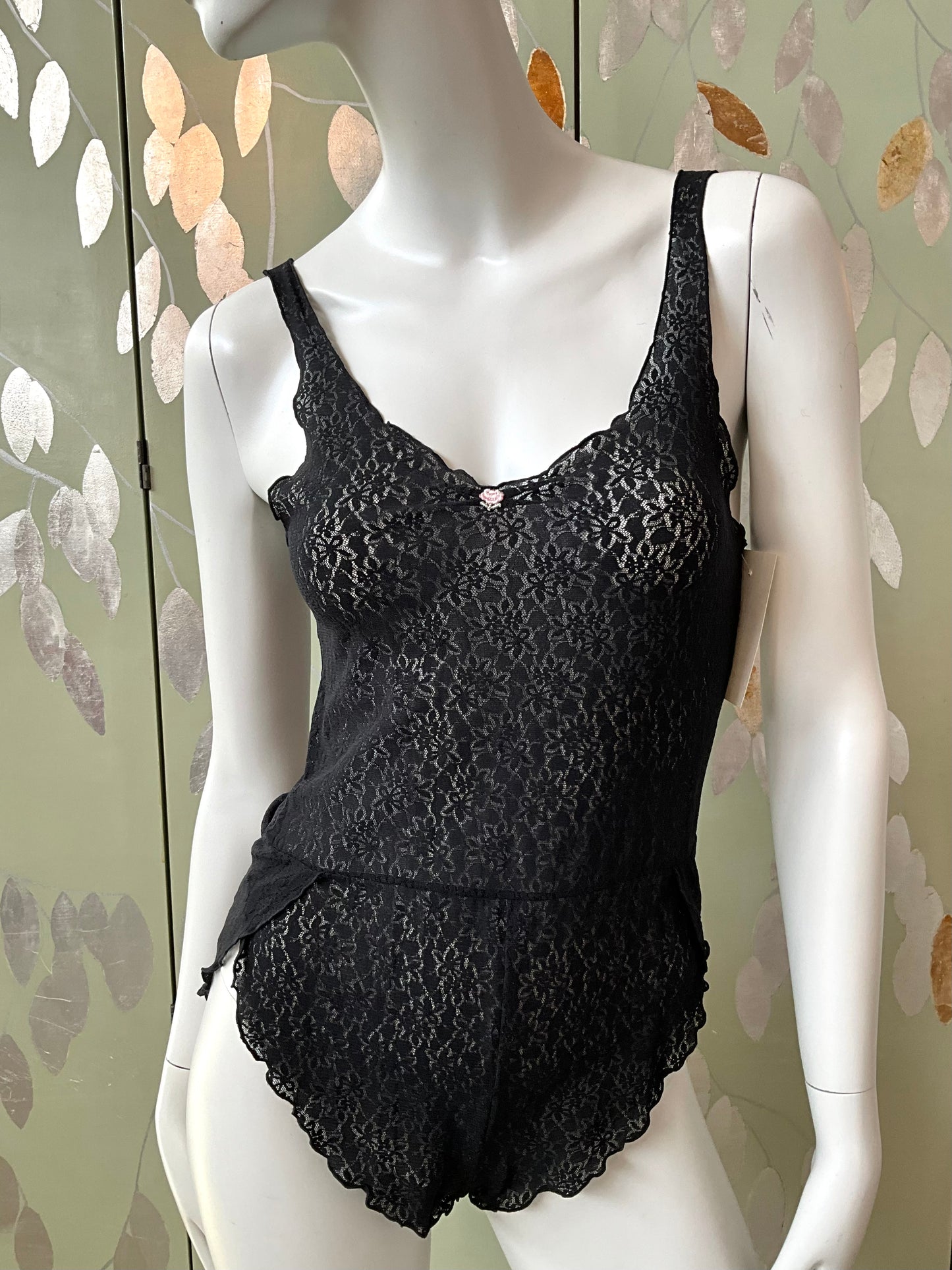 Vintage 1990s Black Lace Sheer Teddy Bodysuit with Rosette, Small 