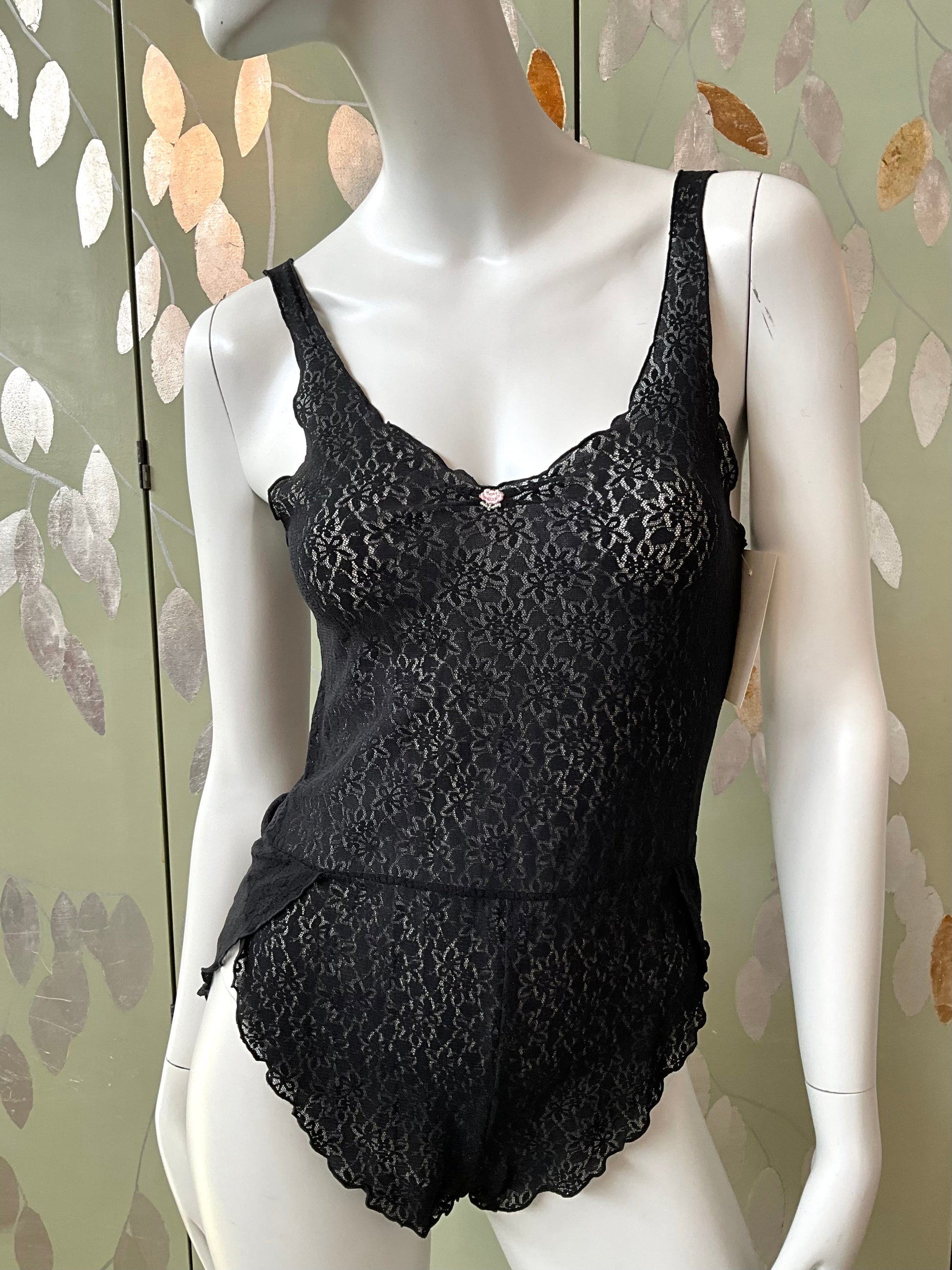 Vintage 1990s Black Lace Sheer Teddy Bodysuit with Rosette, Small 