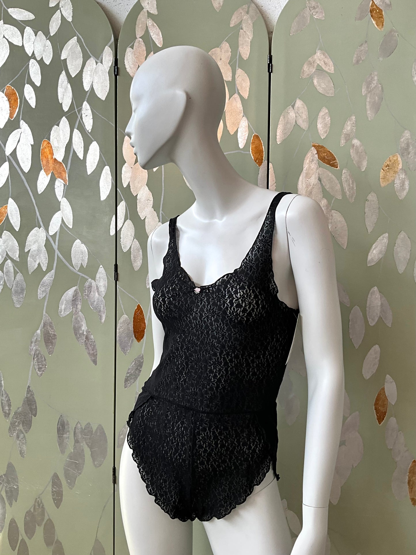 Vintage 1990s Black Lace Sheer Teddy Bodysuit with Rosette, Small 