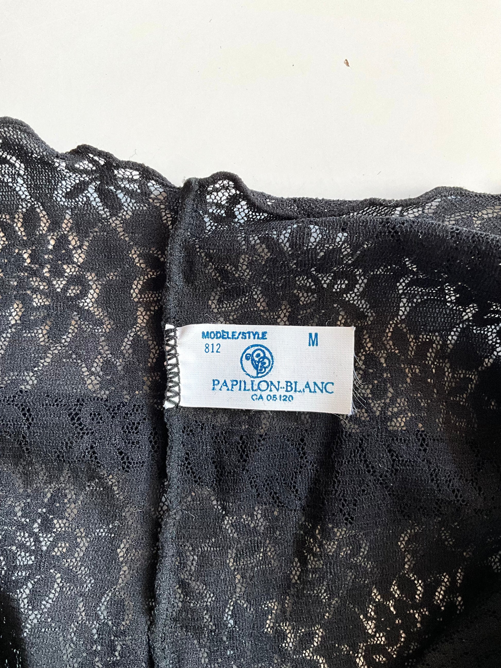 Vintage 1990s Black Lace Sheer Teddy Bodysuit with Rosette, Small 