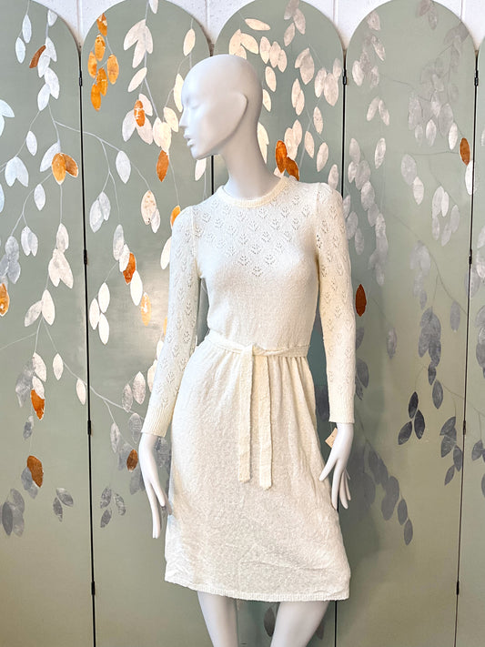 Vintage 1980s Deadstock Cream Knit Lace Long Sleeve Dress, Small 