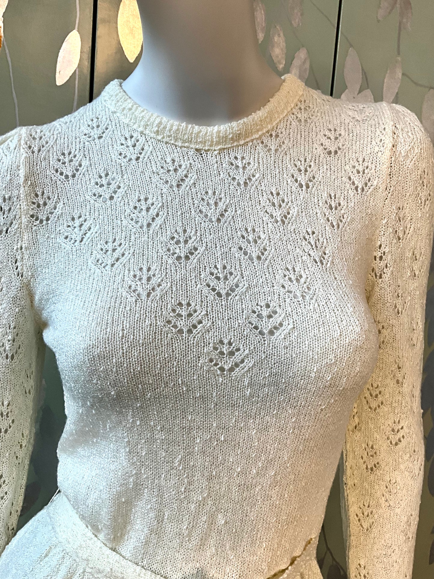 Vintage 1980s Deadstock Cream Knit Lace Long Sleeve Dress, Small 