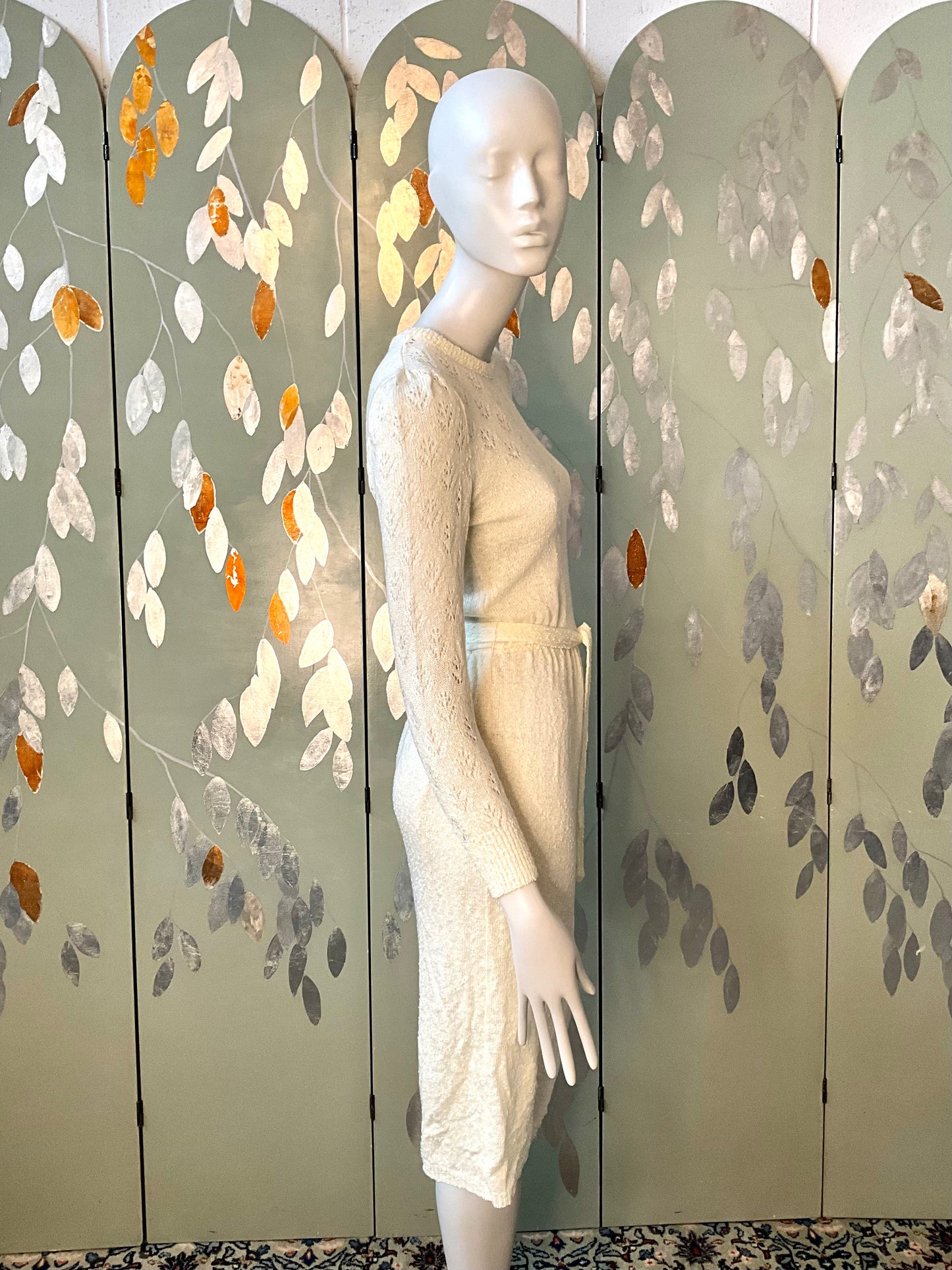 Vintage 1980s Deadstock Cream Knit Lace Long Sleeve Dress, Small 