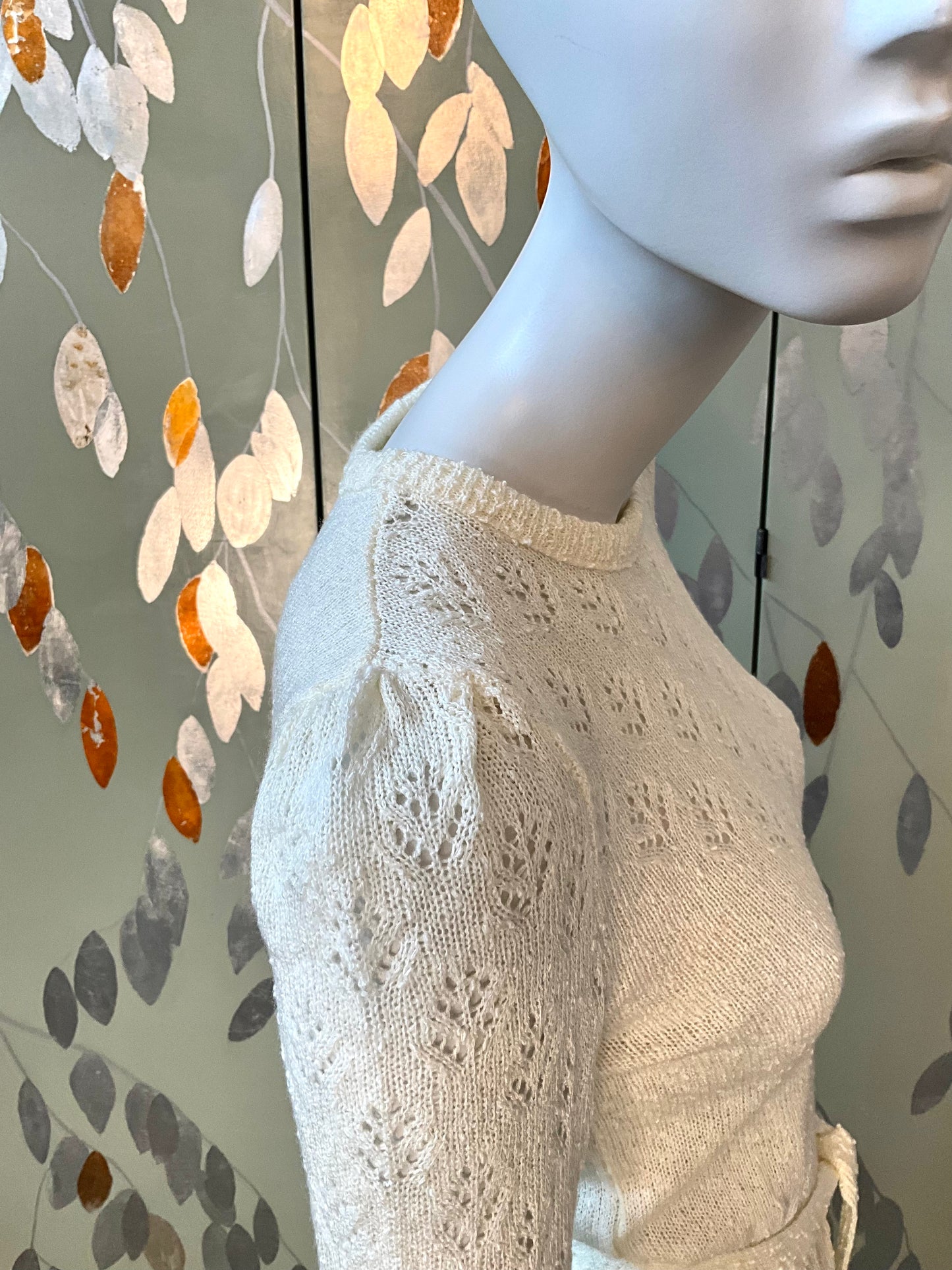 Vintage 1980s Deadstock Cream Knit Lace Long Sleeve Dress, Small 