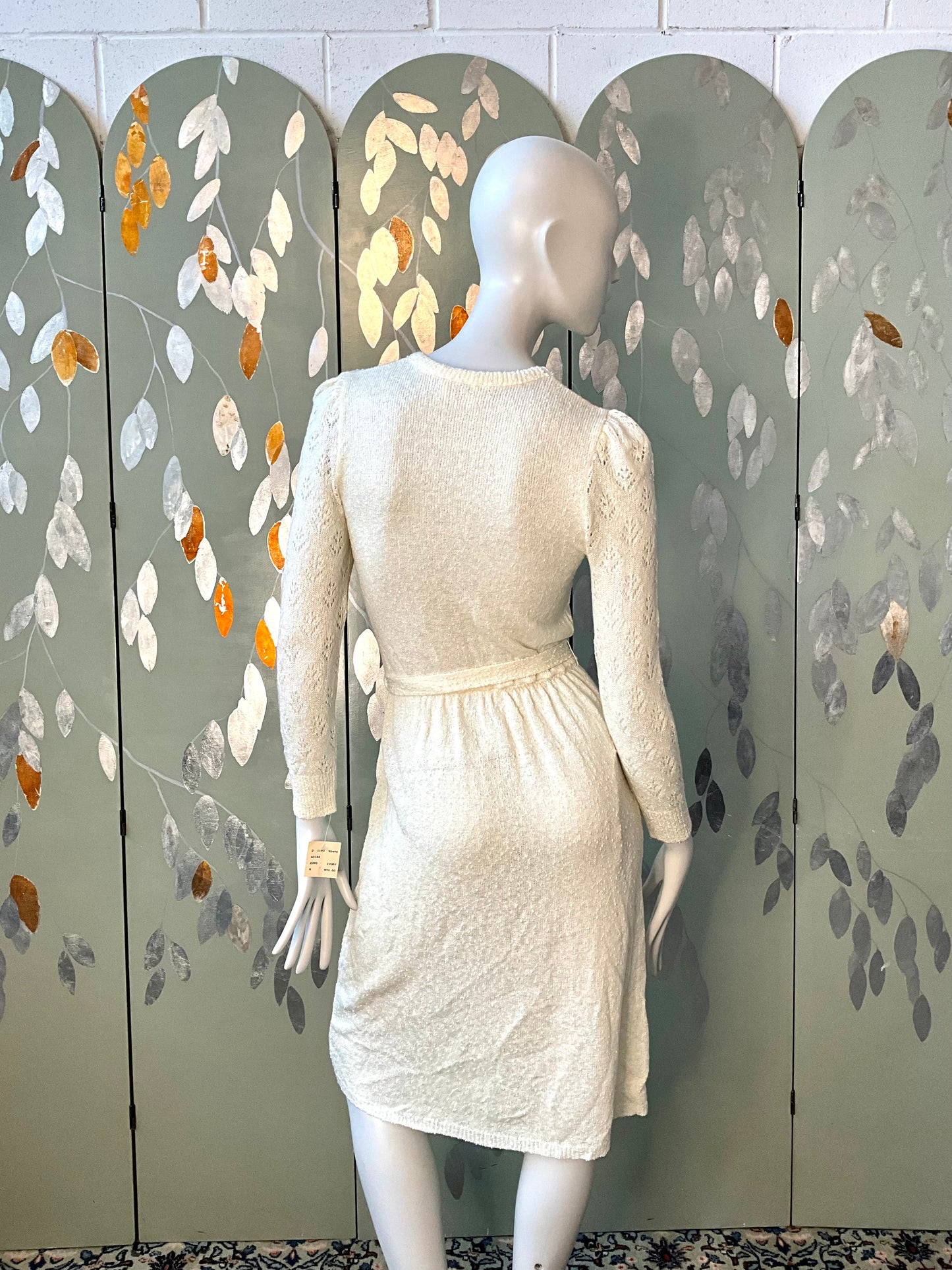 Vintage 1980s Deadstock Cream Knit Lace Long Sleeve Dress, Small 