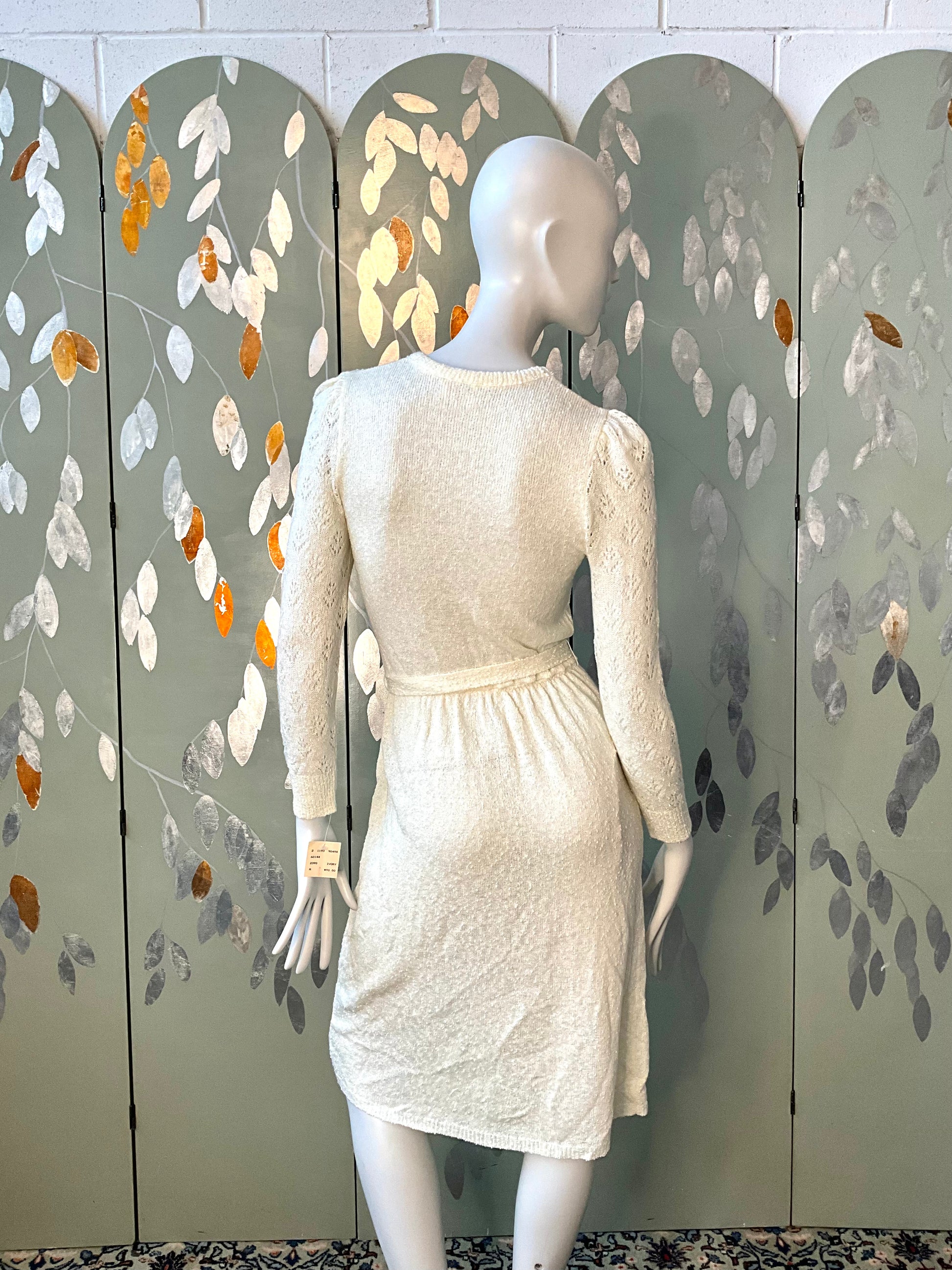 Vintage 1980s Deadstock Cream Knit Lace Long Sleeve Dress, Small 