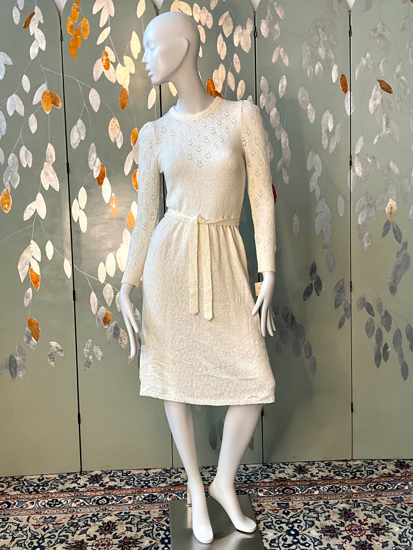 Vintage 1980s Deadstock Cream Knit Lace Long Sleeve Dress, Small 