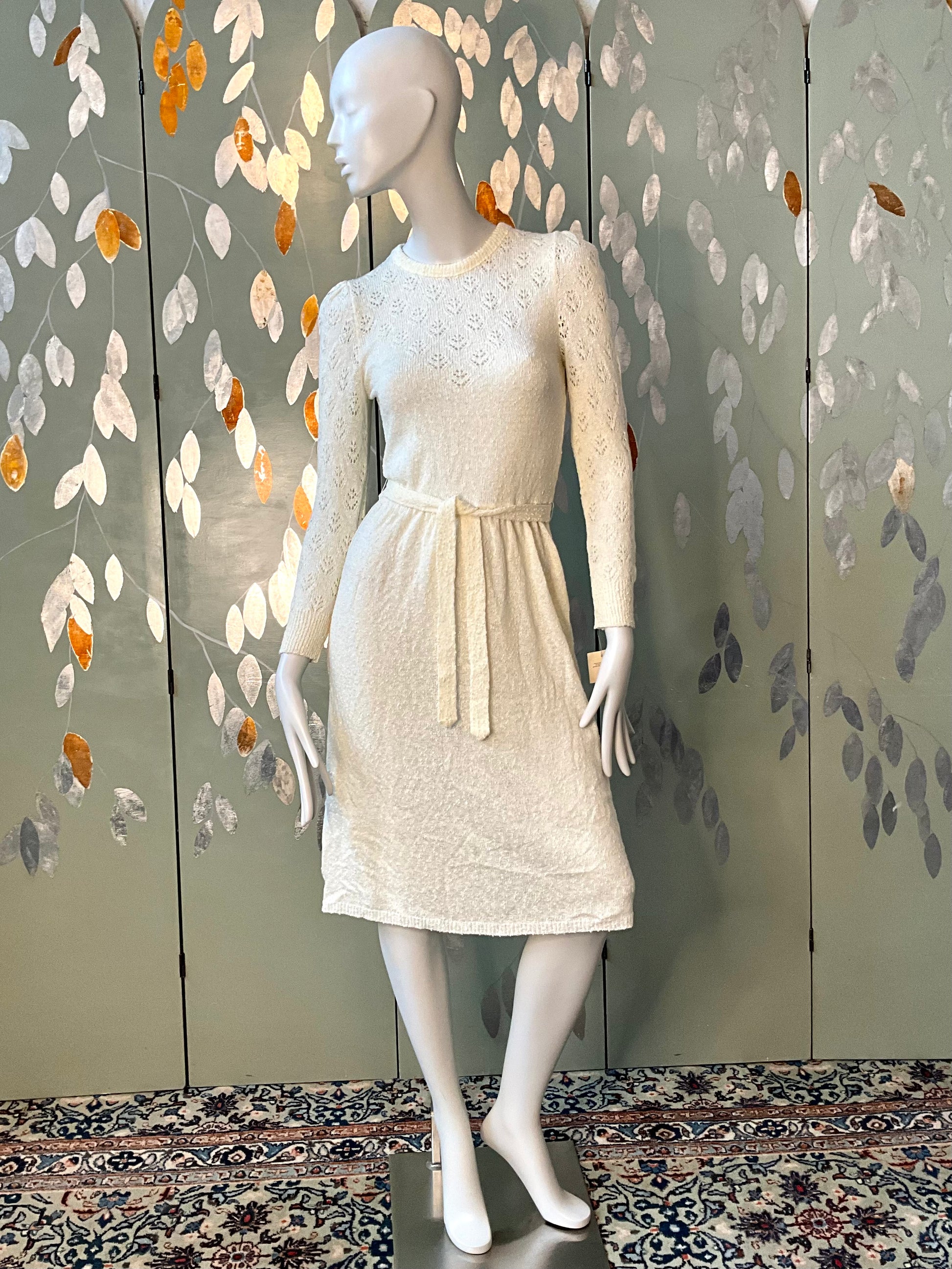 Vintage 1980s Deadstock Cream Knit Lace Long Sleeve Dress, Small 