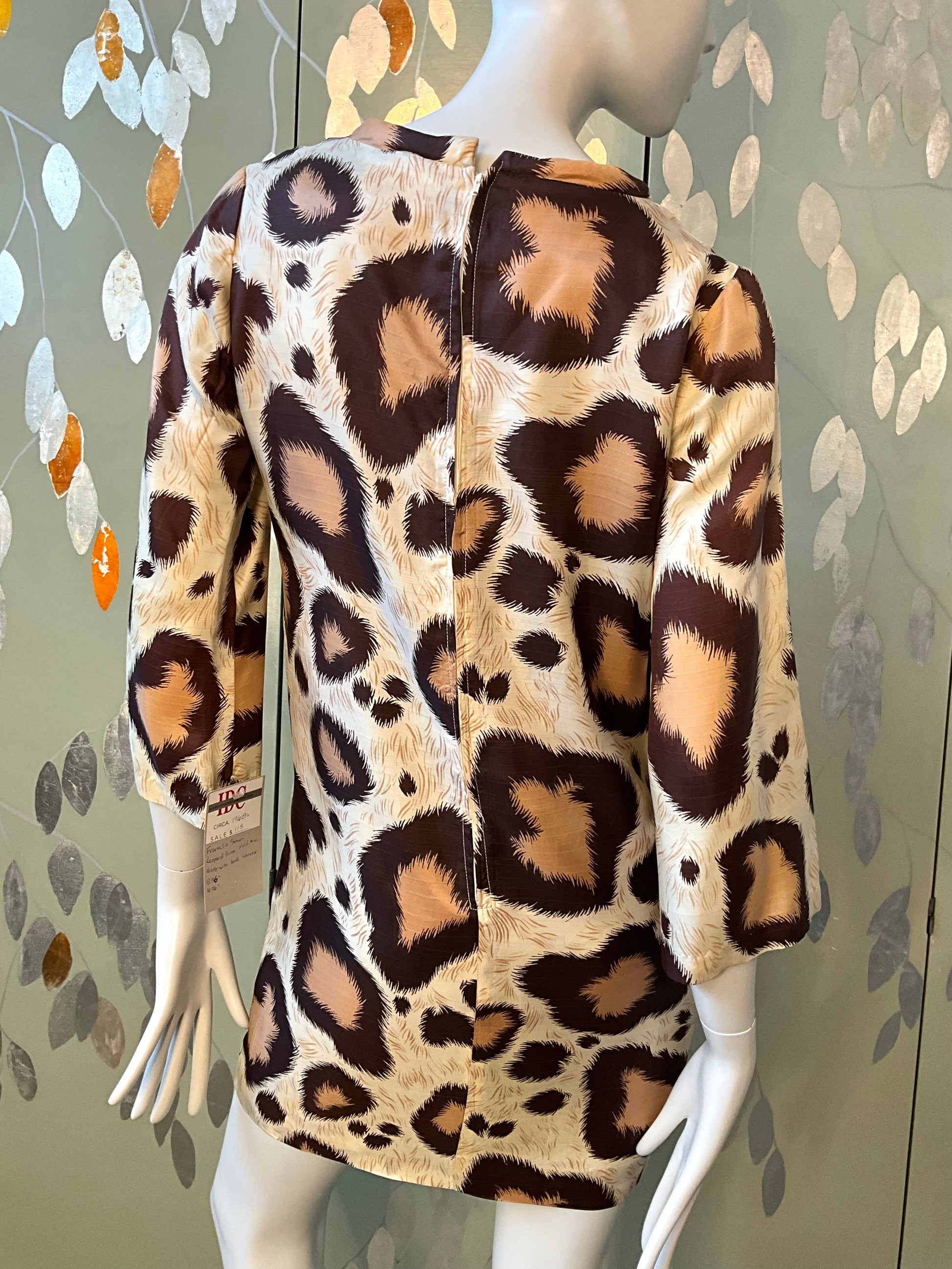 Vintage 1960s Brown Beige Leopard Print Bell Sleeve Mini Dress, Small 