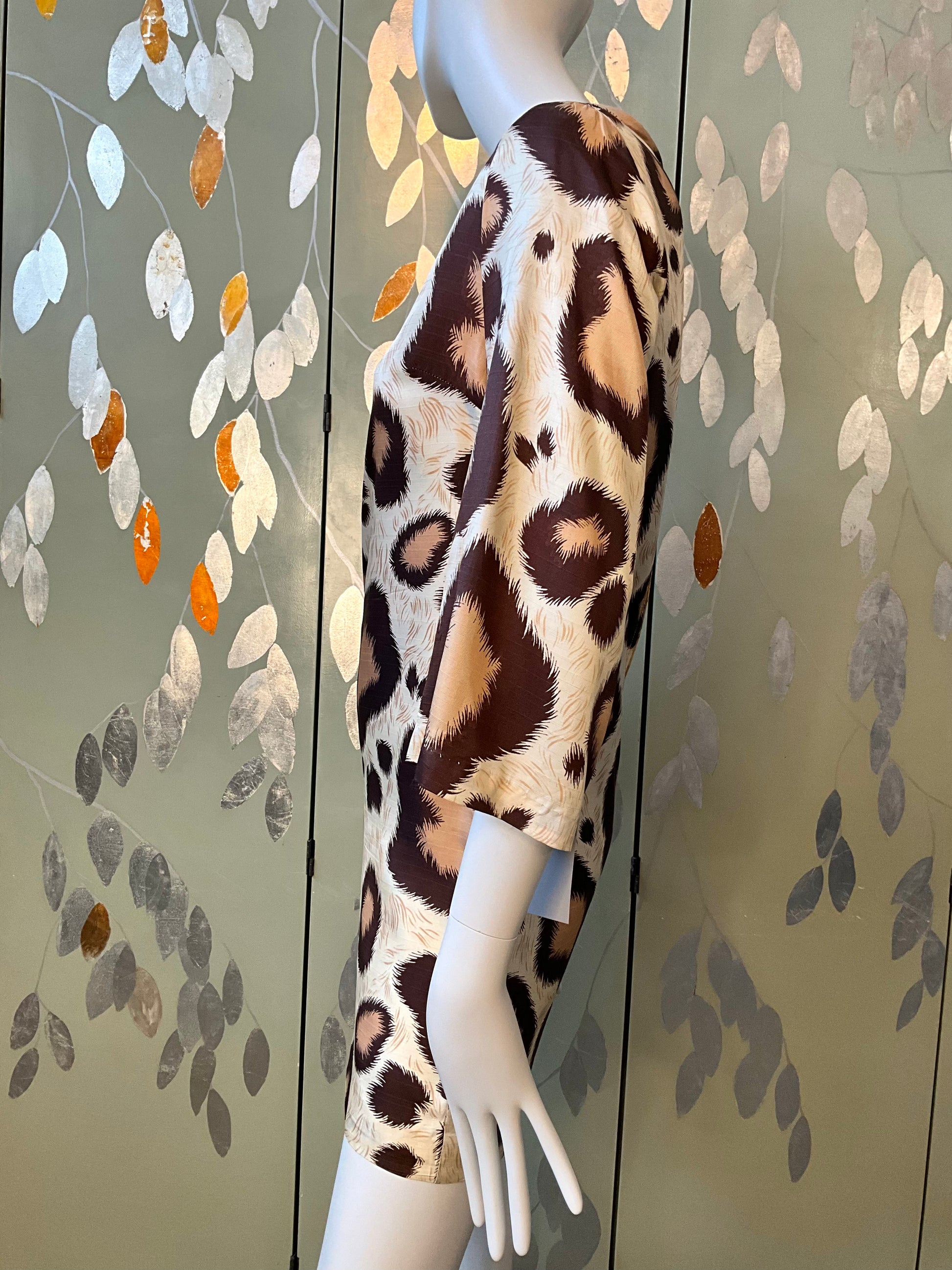 Vintage 1960s Brown Beige Leopard Print Bell Sleeve Mini Dress, Small 