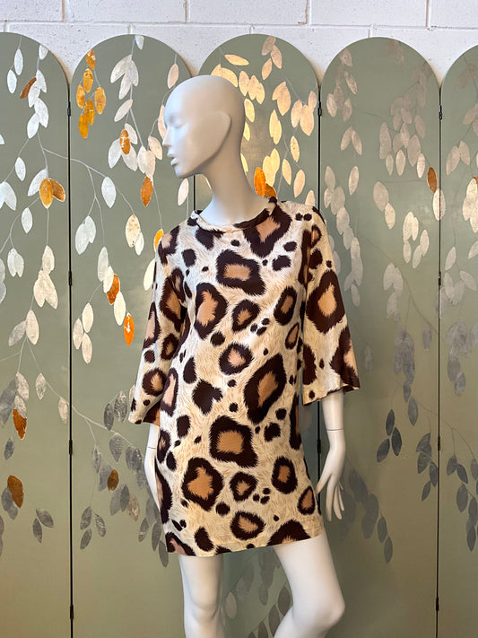 Vintage 1960s Brown Beige Leopard Print Bell Sleeve Mini Dress, Small 