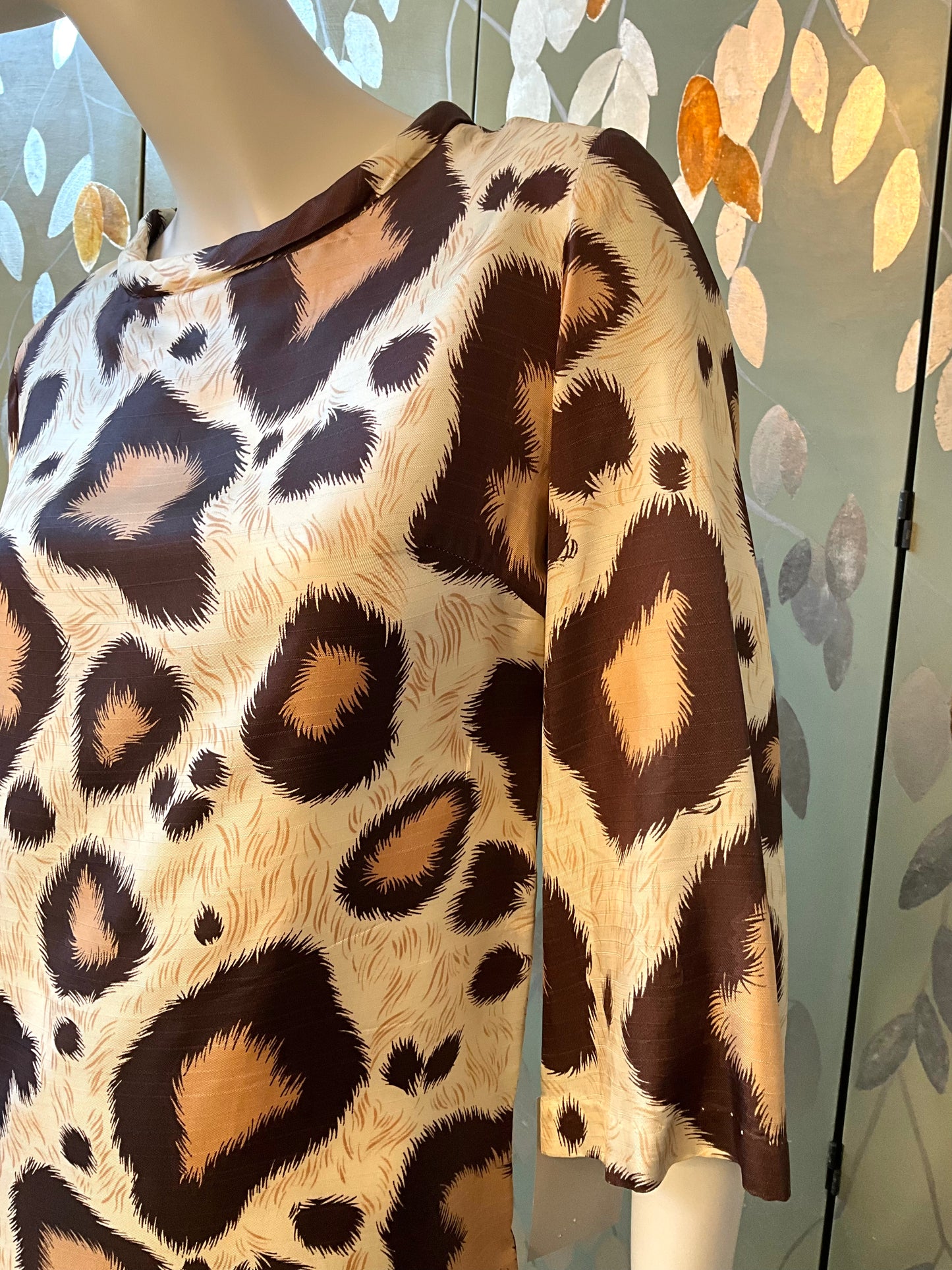 Vintage 1960s Brown Beige Leopard Print Bell Sleeve Mini Dress, Small 