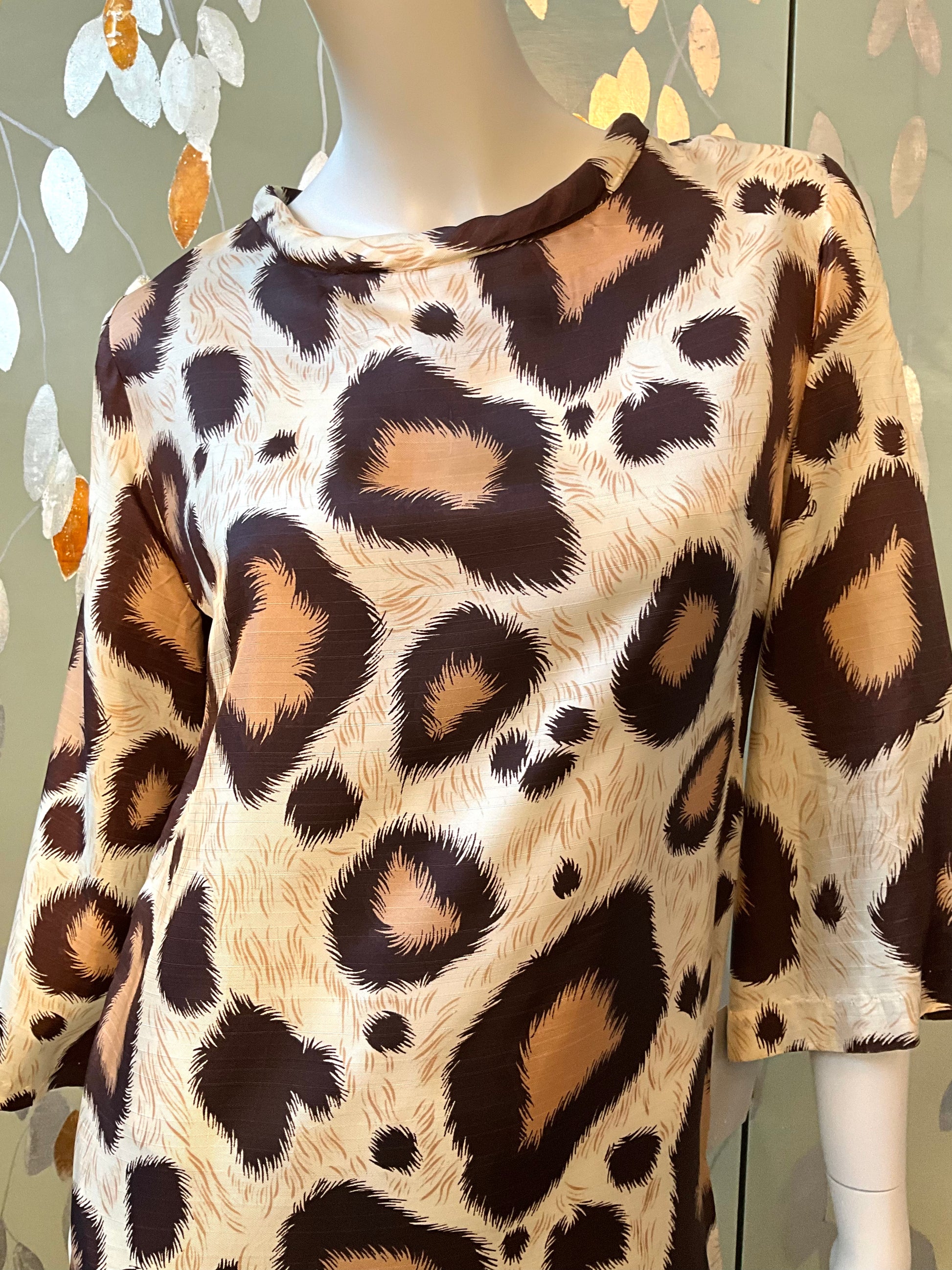 Vintage 1960s Brown Beige Leopard Print Bell Sleeve Mini Dress, Small 