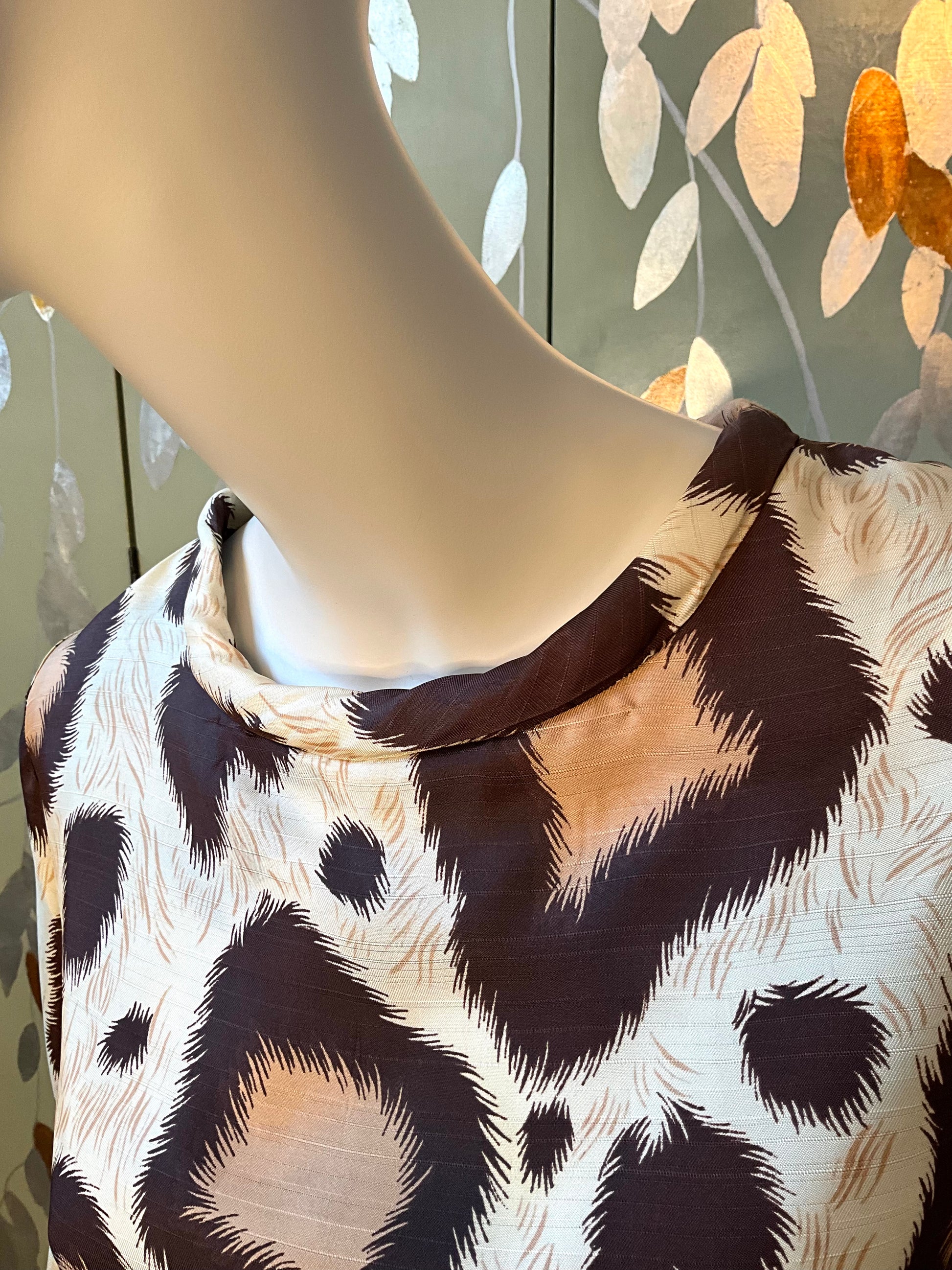 Vintage 1960s Brown Beige Leopard Print Bell Sleeve Mini Dress, Small 