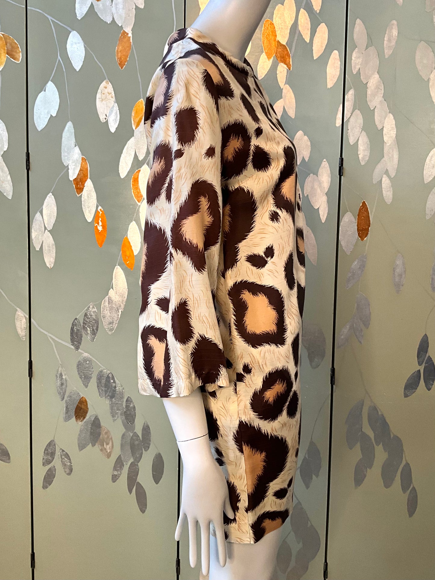 Vintage 1960s Brown Beige Leopard Print Bell Sleeve Mini Dress, Small 