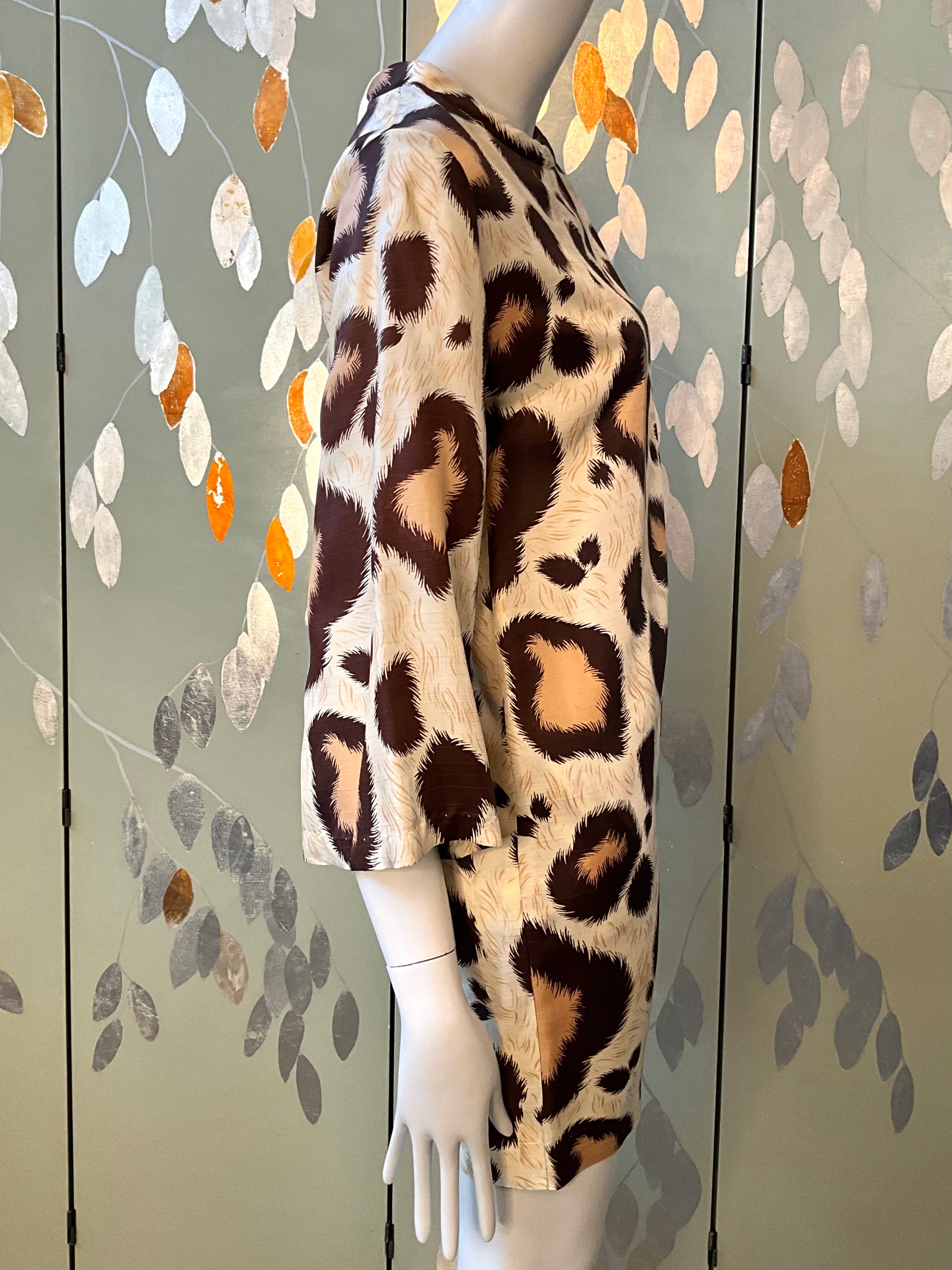 Vintage 1960s Brown Beige Leopard Print Bell Sleeve Mini Dress, Small 