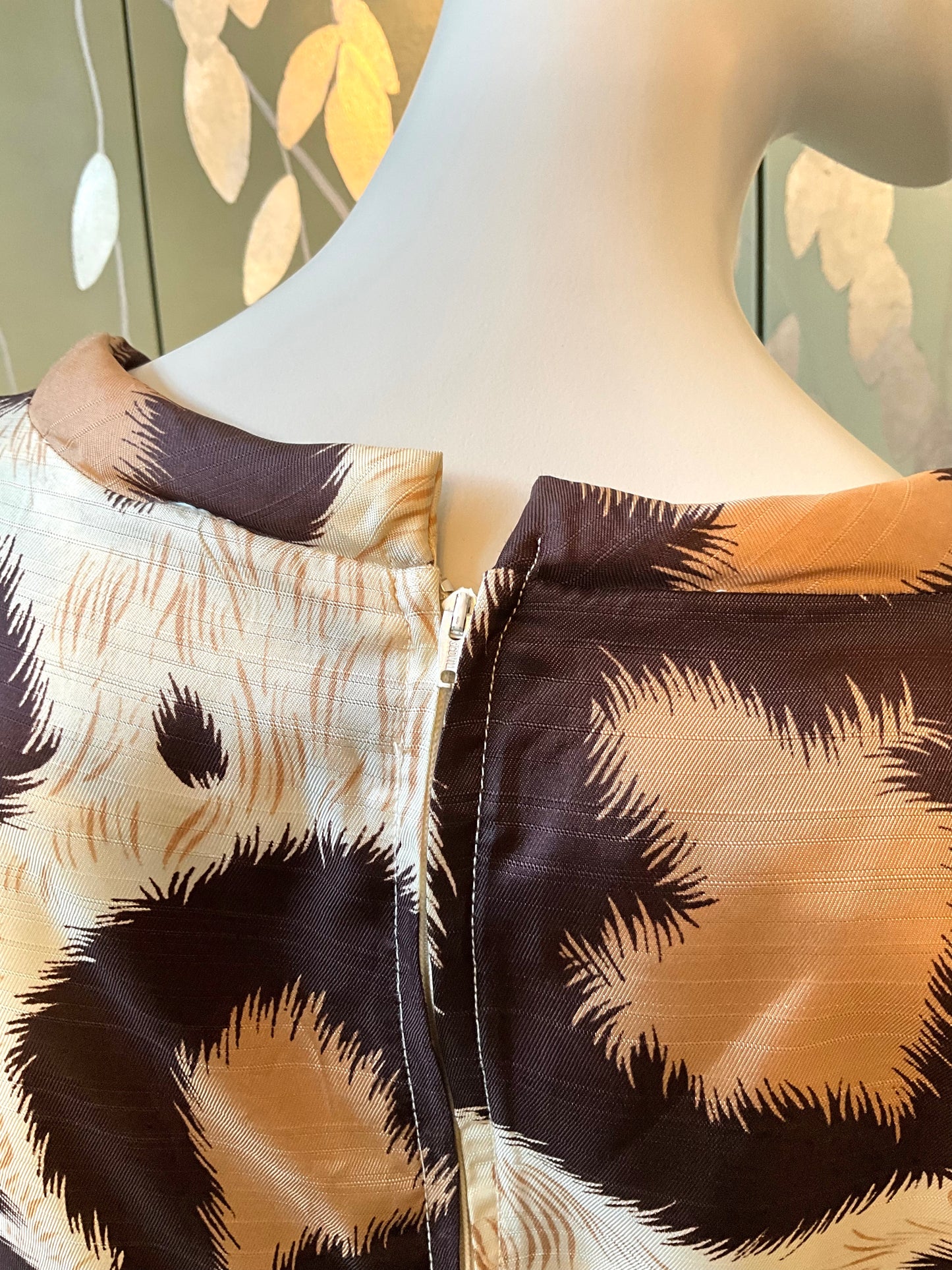 Vintage 1960s Brown Beige Leopard Print Bell Sleeve Mini Dress, Small 