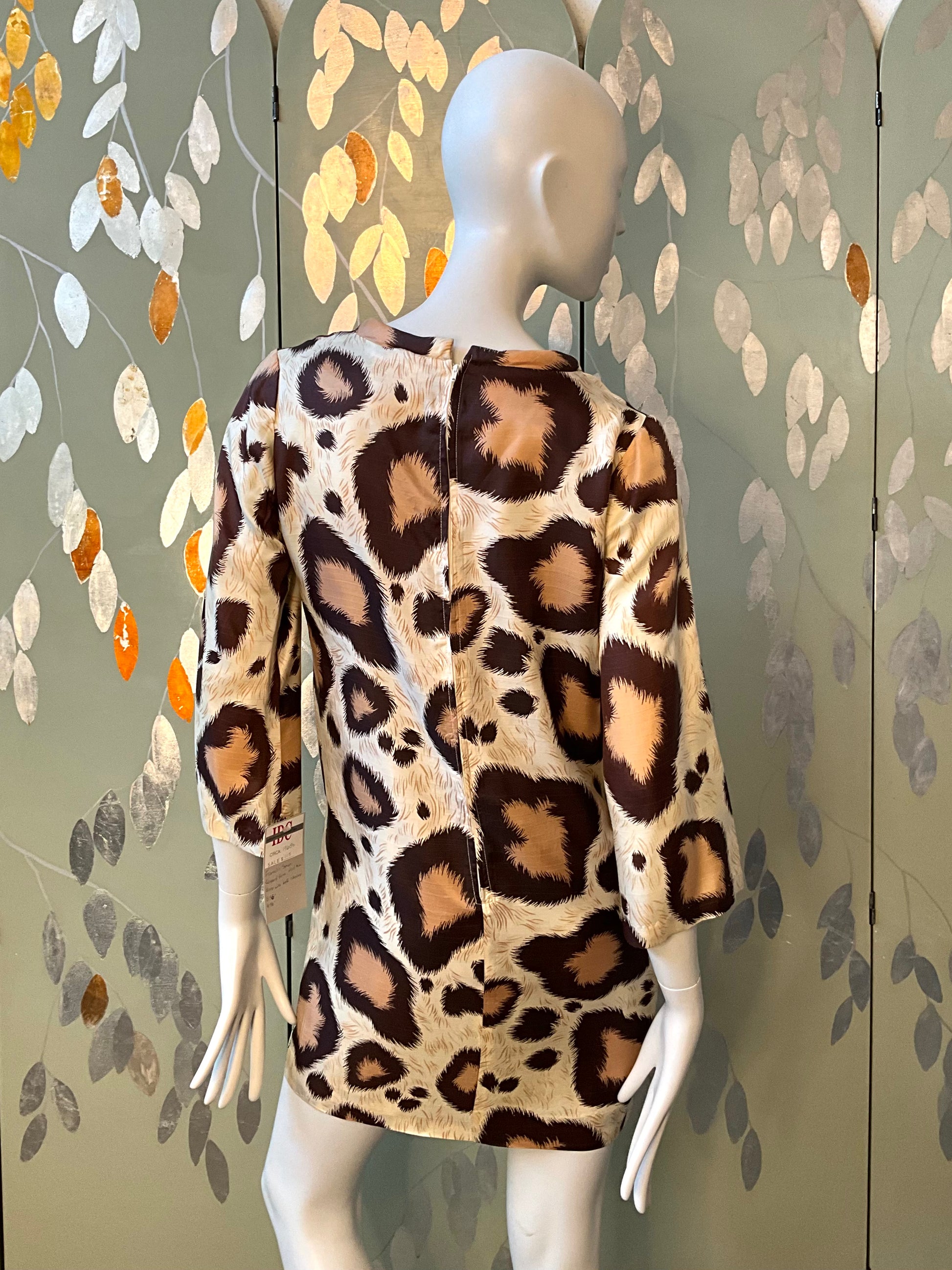 Vintage 1960s Brown Beige Leopard Print Bell Sleeve Mini Dress, Small 