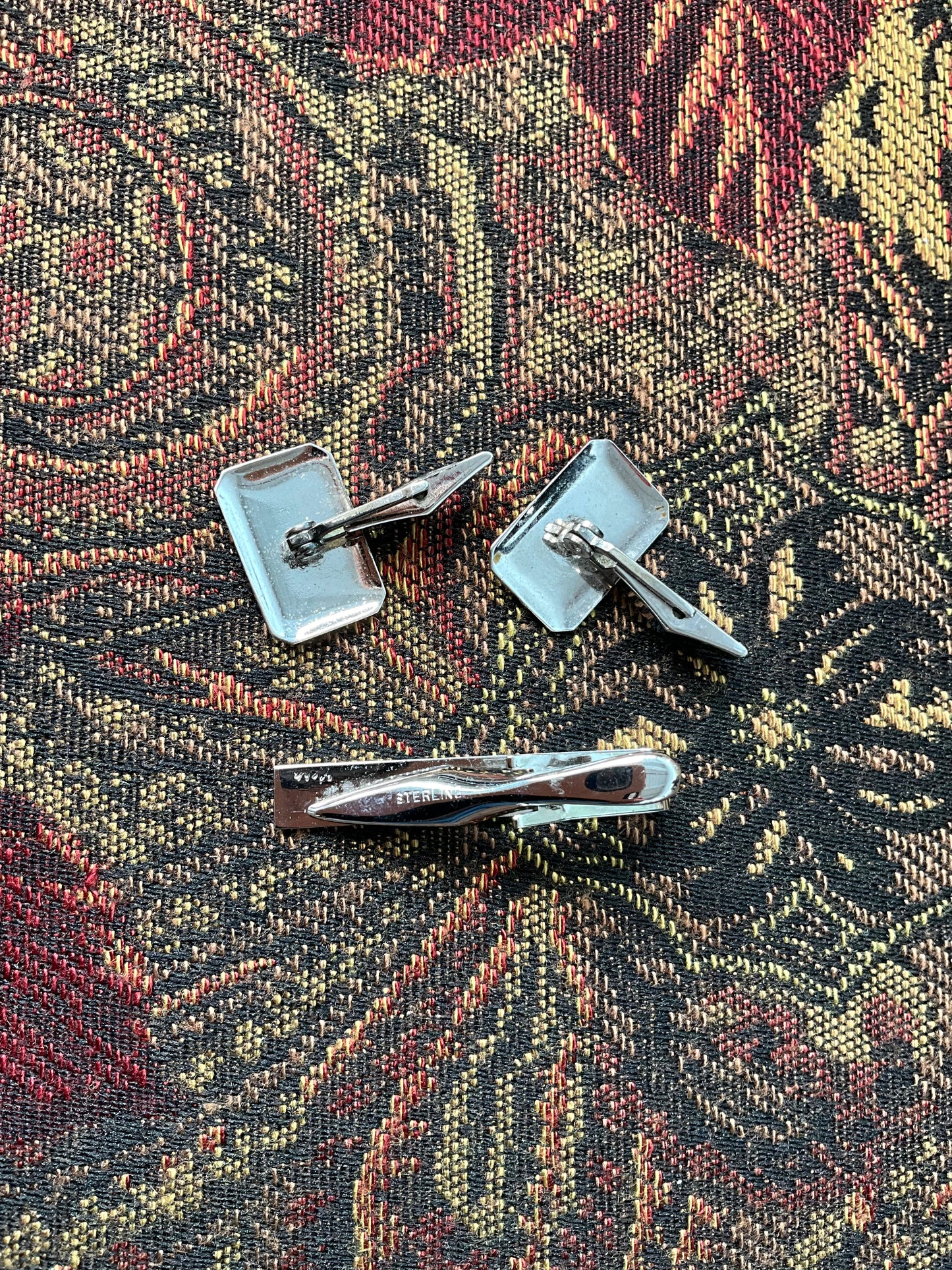 Vintage Sterling Silver Cuff Links and Tie Clip Set in Box 