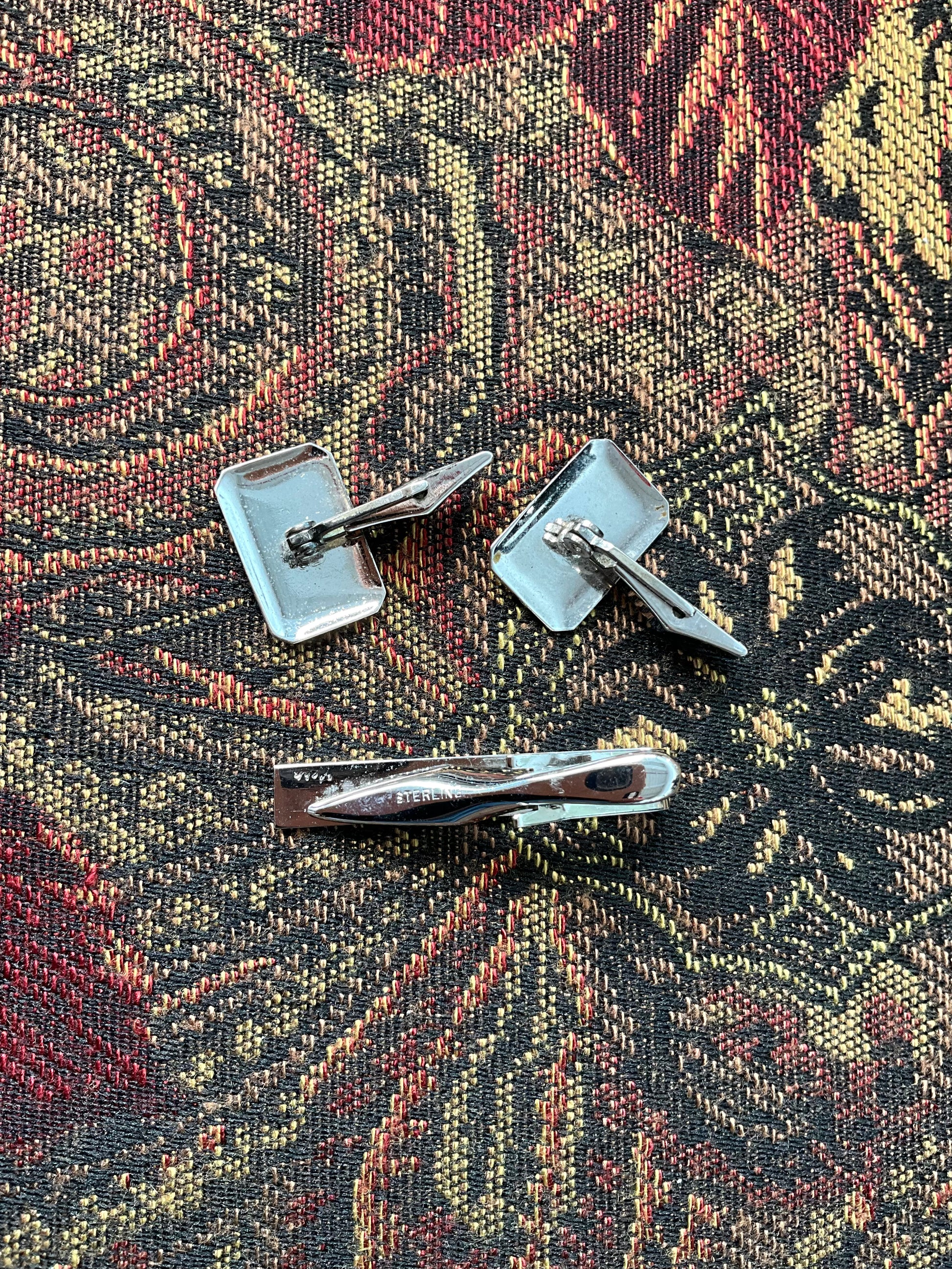 Vintage Sterling Silver Cuff Links and Tie Clip Set in Box 