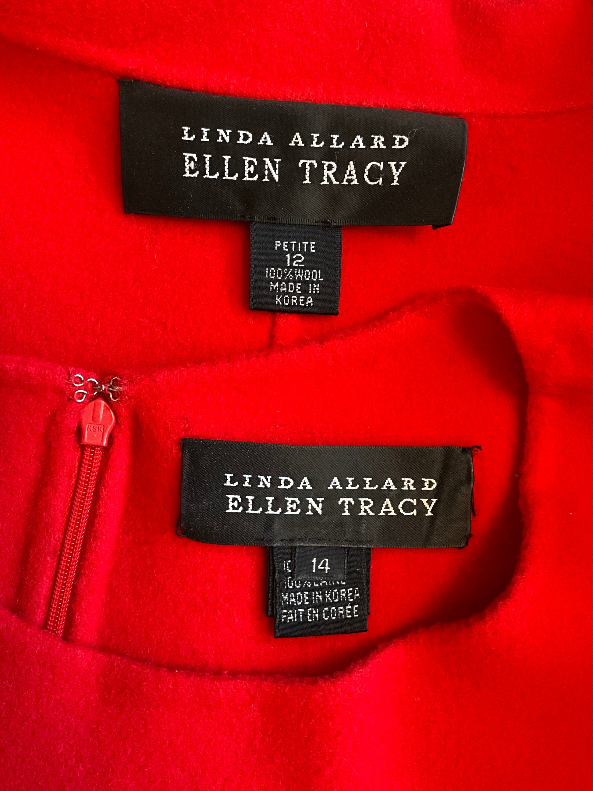 Vintage 1990s Linda Allard Ellen Tracy Red Wool Shift Dress and Jacket, Medium 